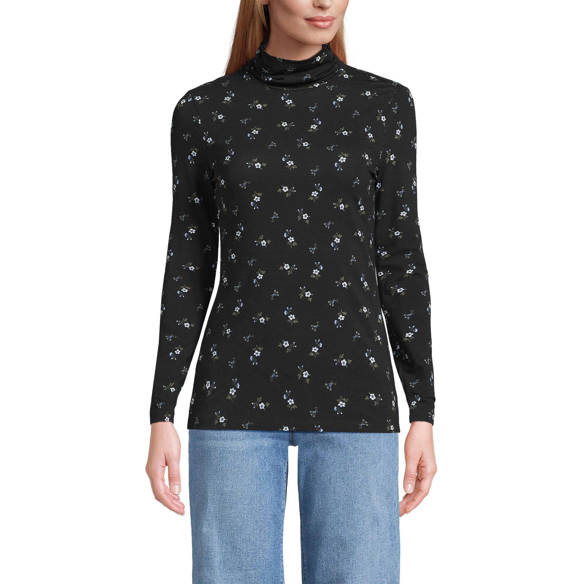 Lands' End Women's Jersey Knit Turtleneck | Cotton and Rayon Modal Blend, Fitted, Self-Fabric Neck, Mid-Hip Length, Layering, Petite and Plus Sizes