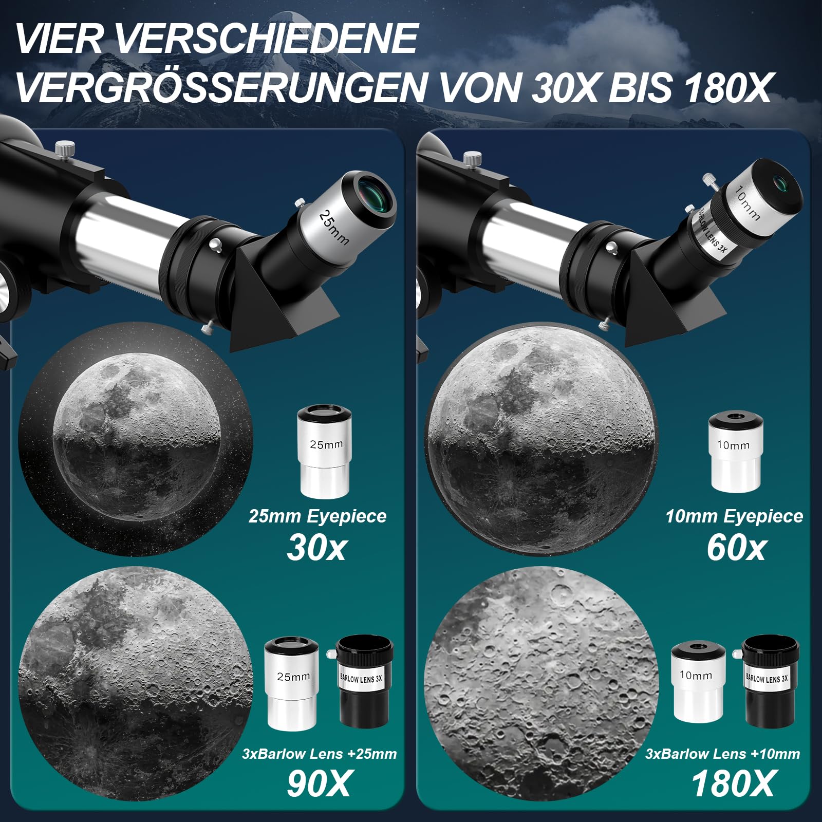 Aurosports Astronomisches Teleskop für Erwachsene - 90mm Öffnung 600mm Refraktor Teleskop Anfänger kompaktes und tragbares Reiseteleskop mit Rucksack