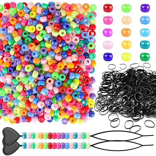 Miniatura 7 de Kit de 1605 cuentas para trenzas de cabello que incluye 600 cuentas de pony de 0.354 x 0.236 in, 1000 bandas elásticas de goma y 5 cuentas rápidas
