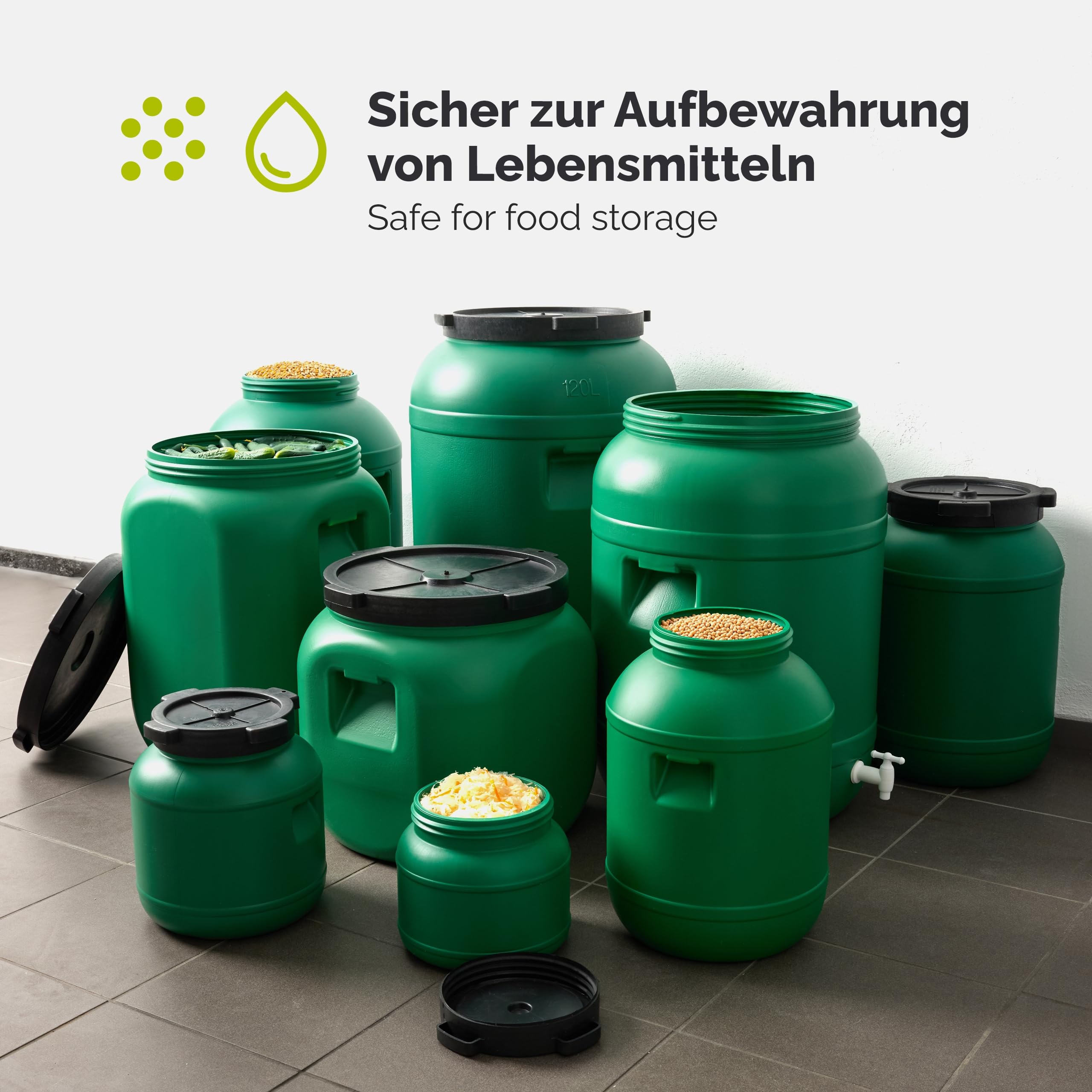 Garronda Beczka z szeroką szyjką 60 litrów, pojemnik na karmę z pokrywką bez uszczelki – bez BPA, pojemnik na paszę HDPE do wody, przechowywania, karmy dla zwierząt, kapusty kiszonej i ogórków GD-0142