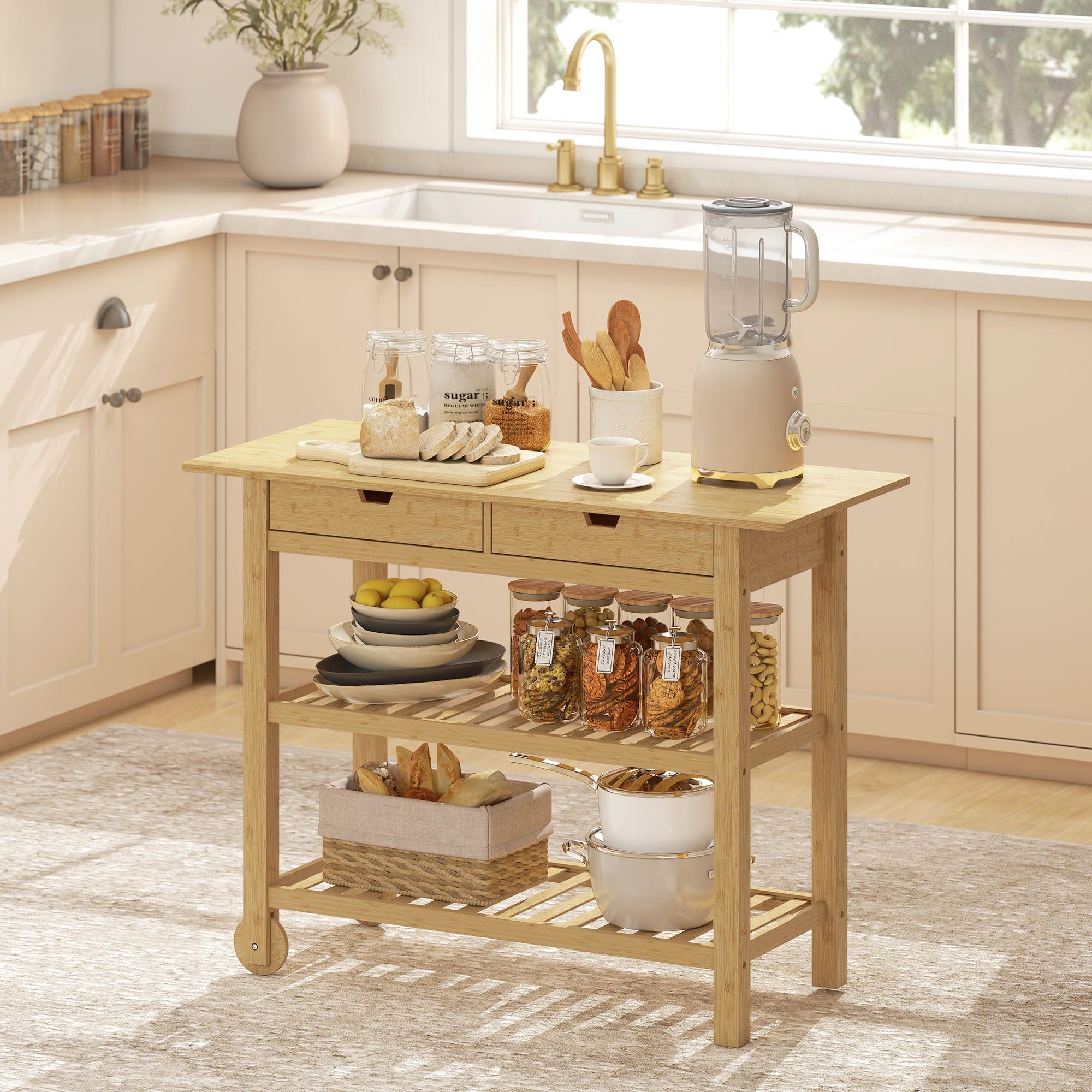 HOMCOM Desserte de Cuisine à roulettes en Bambou, Chariot de Rangement avec 2 tiroirs, 2 étagères à Lattes et Plan de Travail, Chariot de Cuisine et Salle à Manger, 100 x 43 x 75 cm, Bois Naturel
