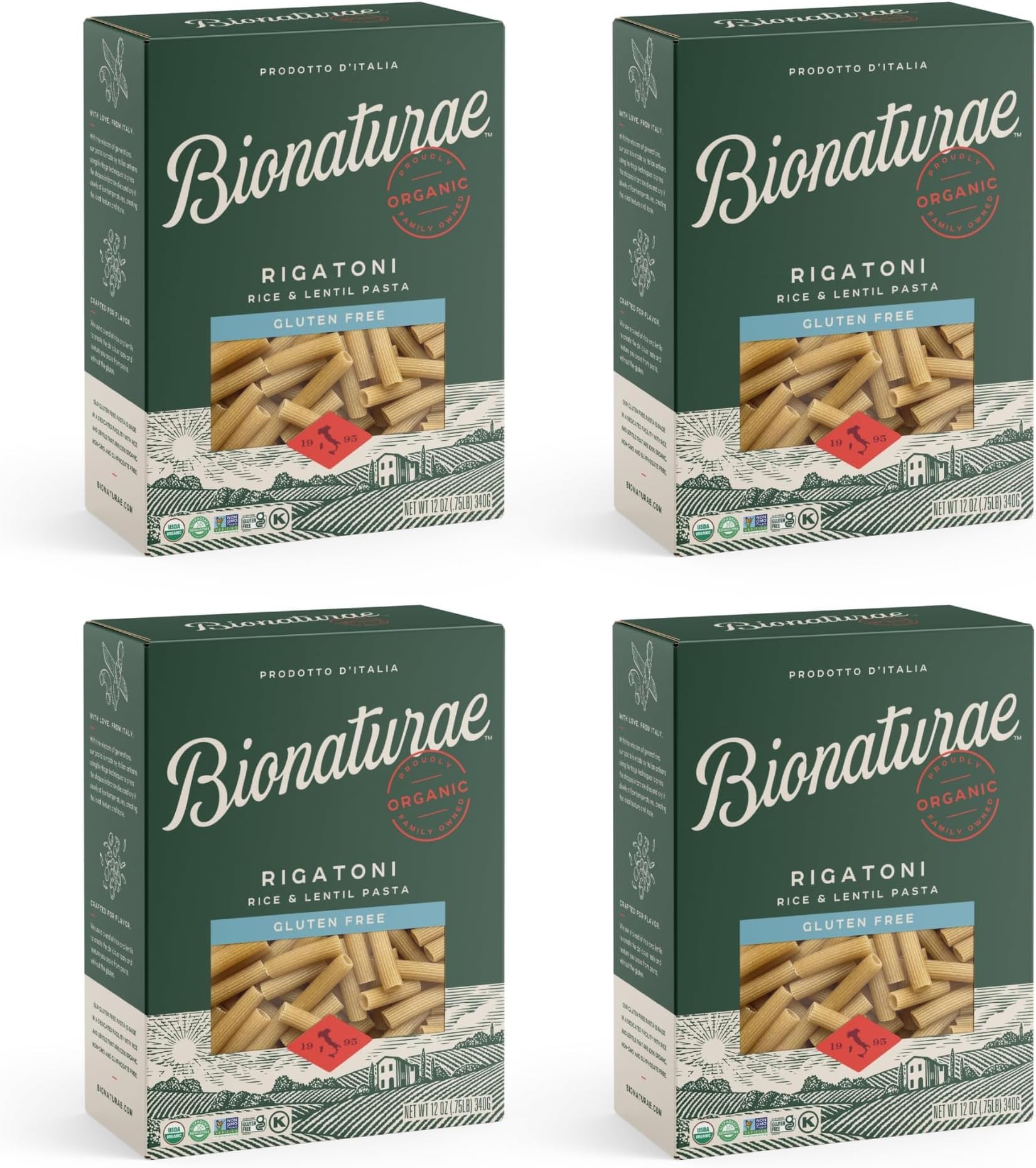 Bionaturae Rigatoni Pasta Noodles, Rice & Lentil Pasta, 12 Oz, 4 Pack