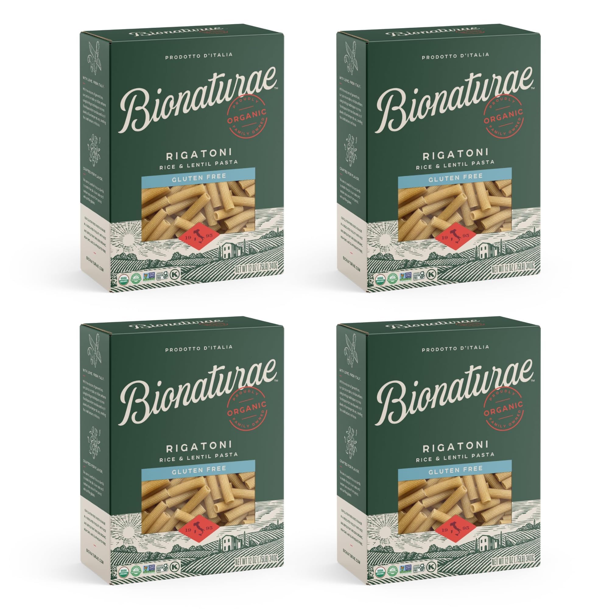 Bionaturae Rigatoni Pasta Noodles - Gluten Free Rigatoni Pasta Organic, Rice & Lentil Pasta, Kosher, High Protein, Non-GMO, Gluten Free Pasta Organic, Crafted in Italy - 12 Oz, 4 Pack