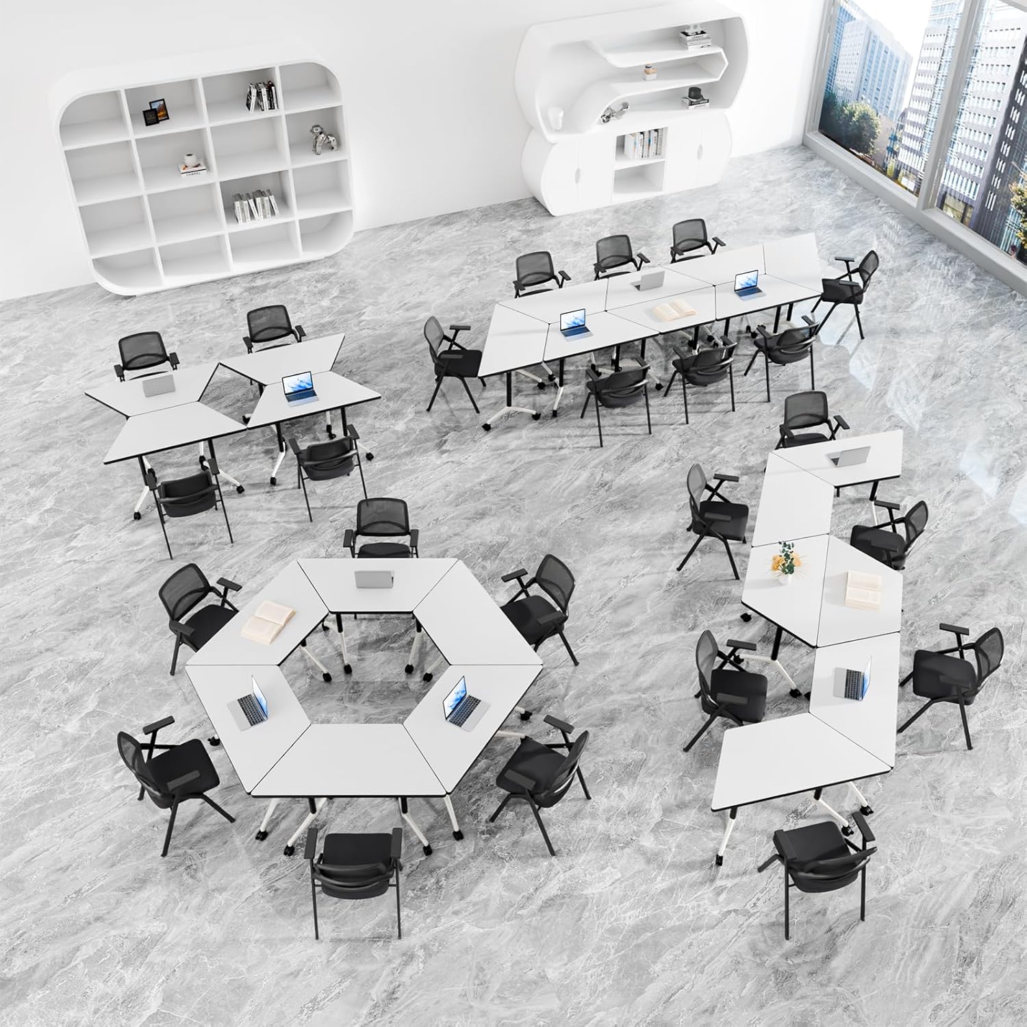 Conference Room Tables, 6 Pack Folding Conference Table with Wheels, Trapezoid Shaped Combinable Modular Training Tables, Foldable Flip Top Mobile Rolling Table