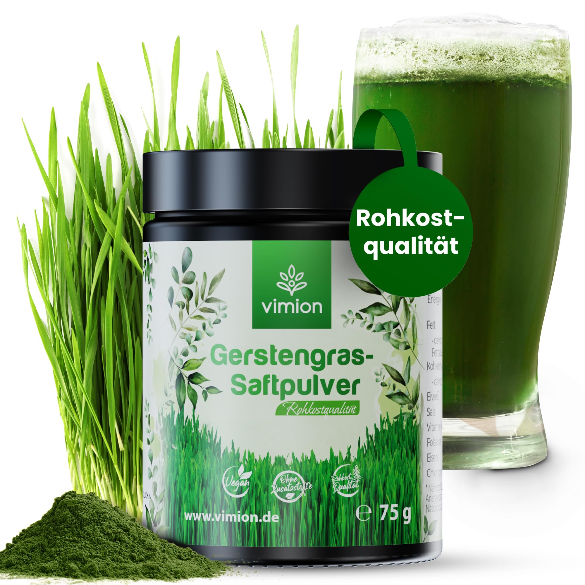 pures Gerstengras-Saftpulver - 75 g Premium-Rohkostqualität - natürlich reich an Eisen, Folsäure, Vitamin K & Chlorophyll - 100% vegan - Green-Superfood - Plastikfrei im Braunglas