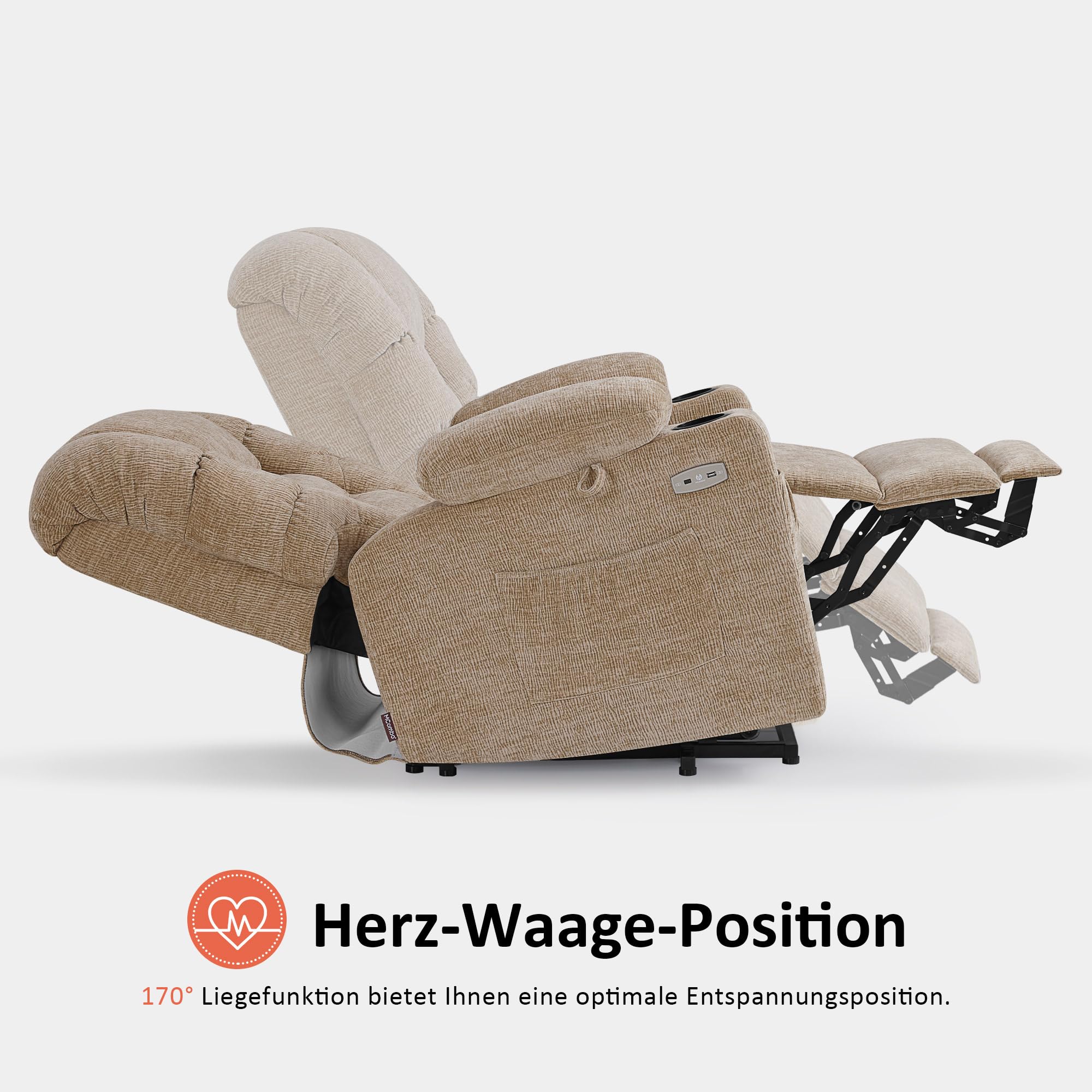M MCombo Fernsehsessel mit Aufstehhilfe Elektrisch, 3 Motoren, Rückenlehne & Beinstütze Getrennt Verstellbar, Relaxsessel mit Liegefunktion bis 170° Verstellbare Kopfstütze 7550 (Chenille, Beige)