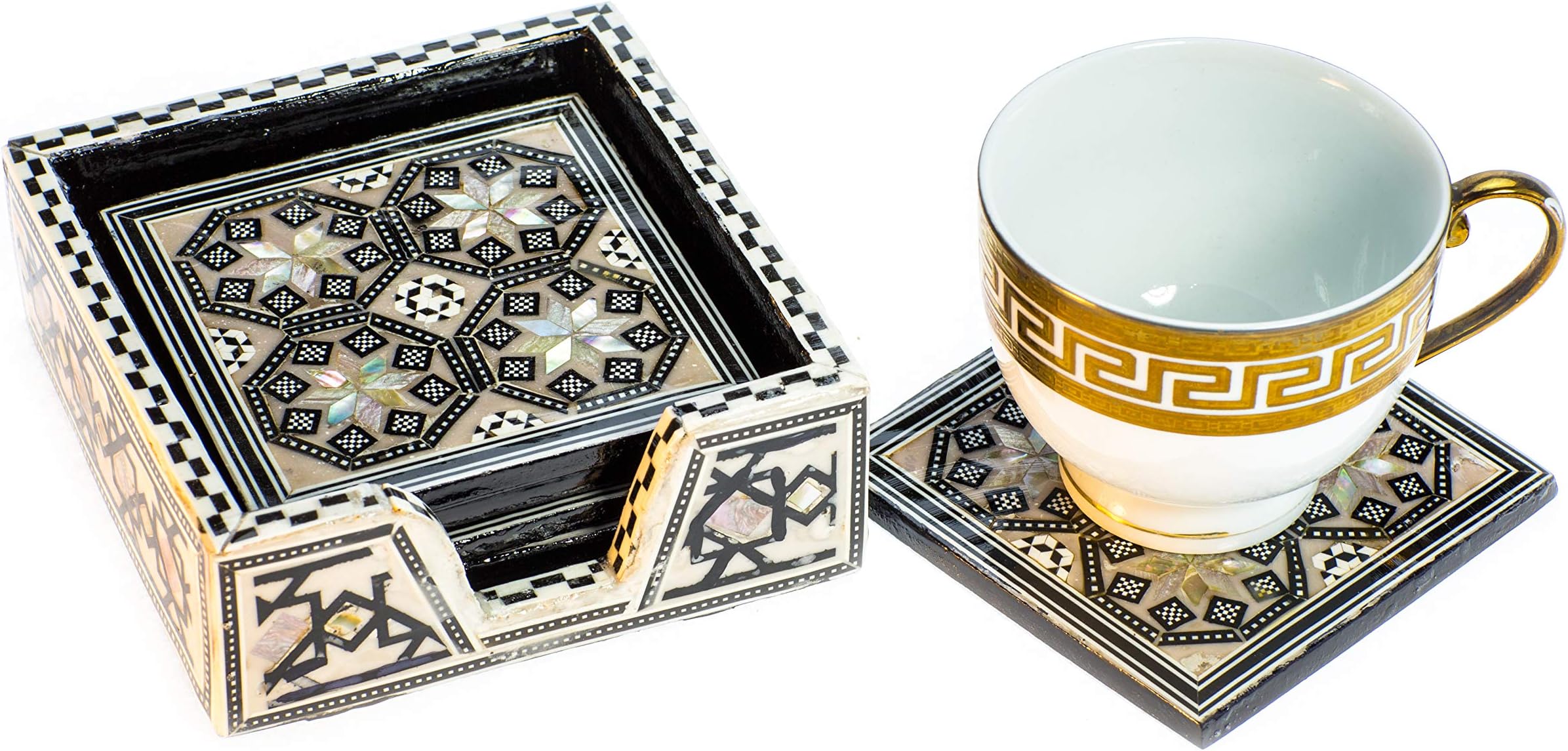Arts of Egypt- Elegant Egyptian Inlaid Mother of Pearl 6 Coaster Set with Holder