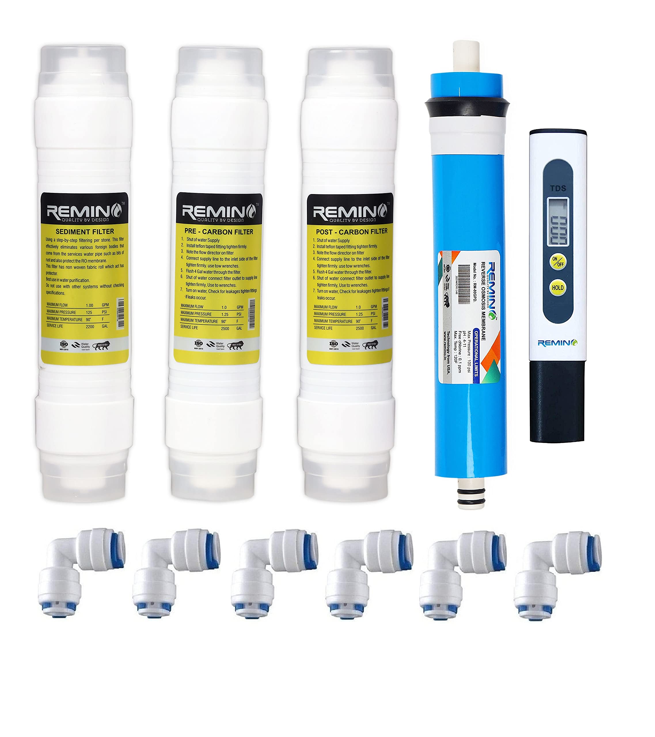 Remino RO membrane, Pre & Post Carbon and Sediment Filter for All type of RO water purifier with TDS meter