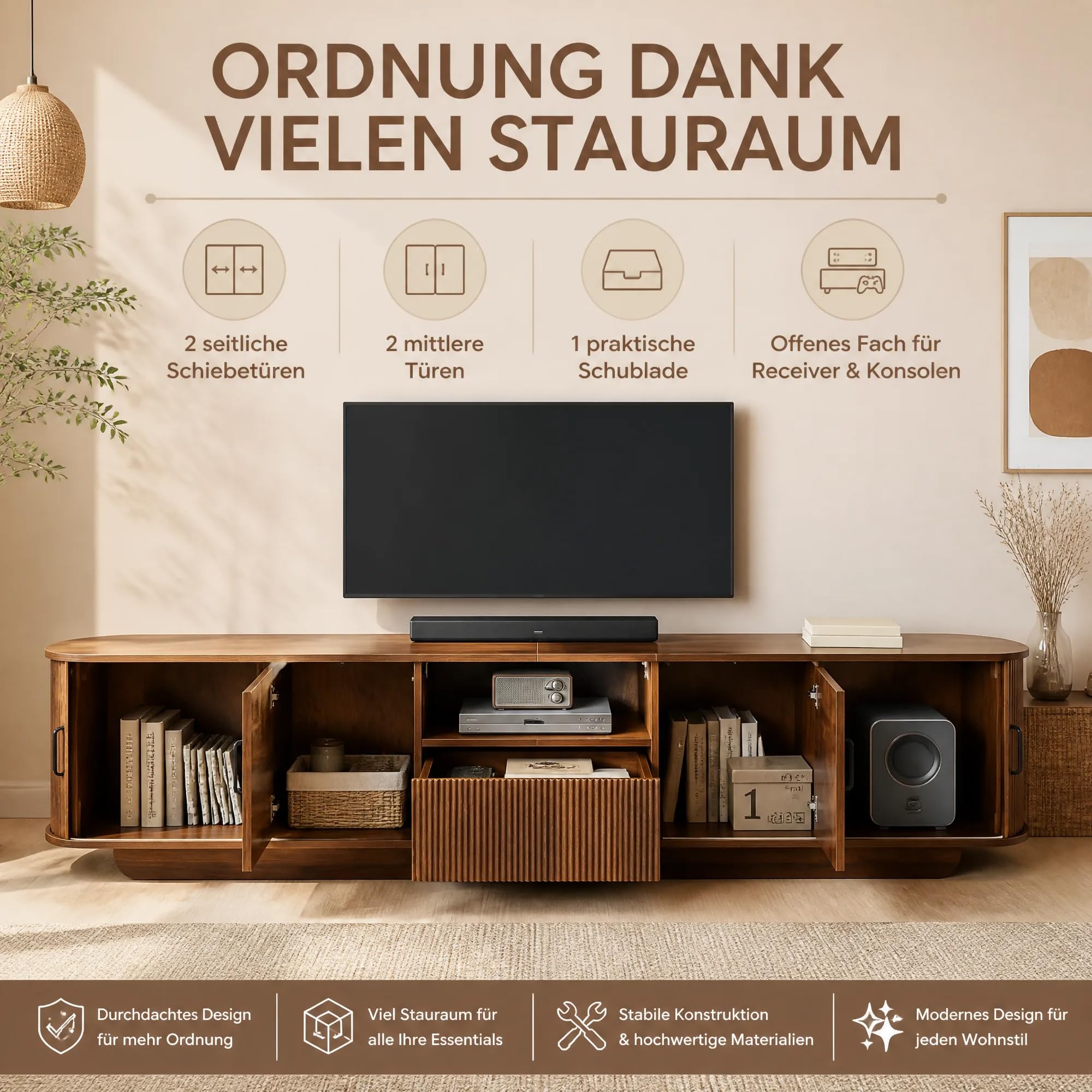 200cm Ovaler TV Schrank mit 3D-Wellenstruktur Schiebetüren