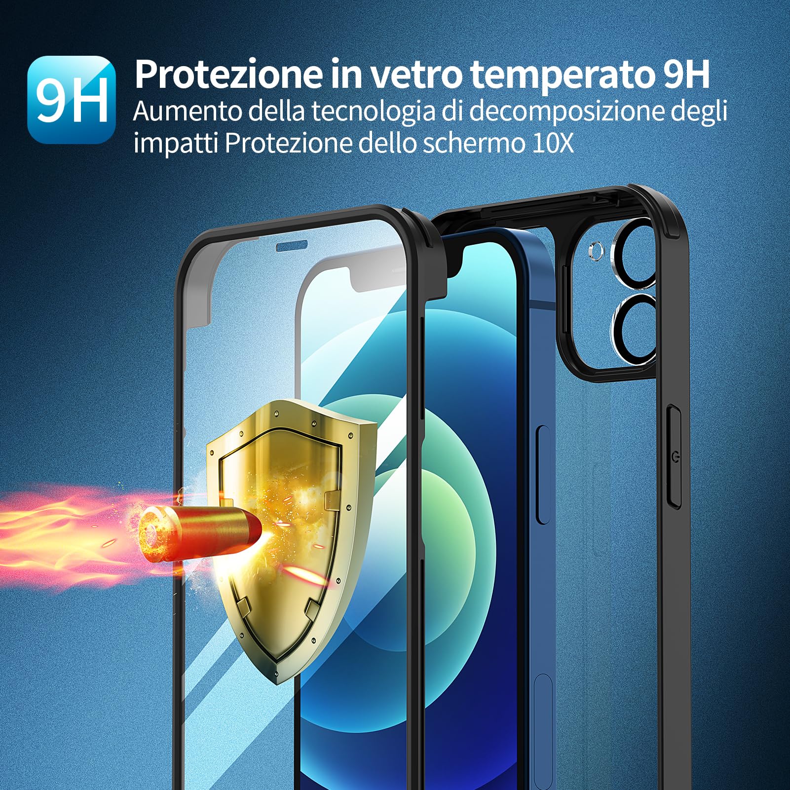 seacosmo Cover per iPhone 12, [9H HD] Integrata Vetro Temperato Schermo e Pellicola Fotocamera 360 Gradi Antiurto Custodia, Rugged Protezione Slim Case per iPhone 12 6.1", Nero