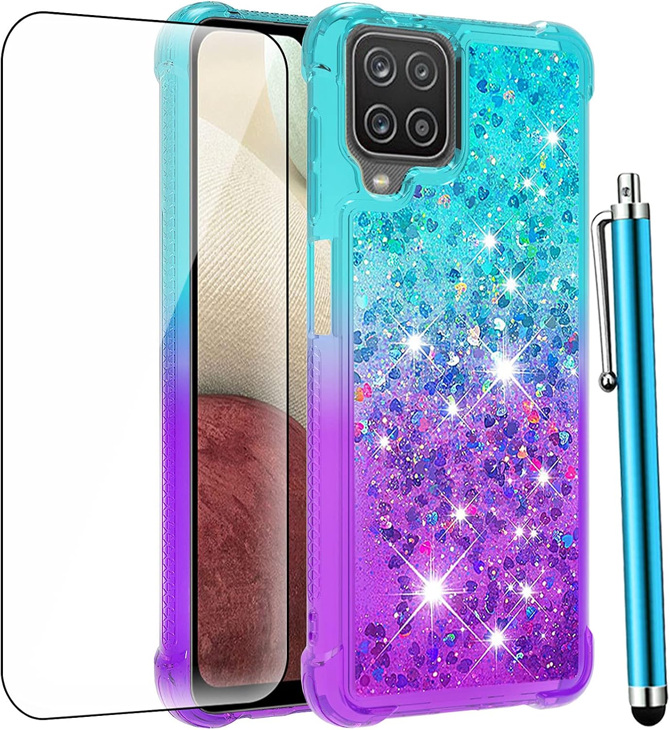 CAIYUNL for Samsung A12 Case with Tempered Glass Screen Protector,Women Girls Glitter Bling Floating Liquid Cute Soft TPU Silicone Shockproof Protective Cover for Samsung Galaxy A12-Baby Blue/Purple