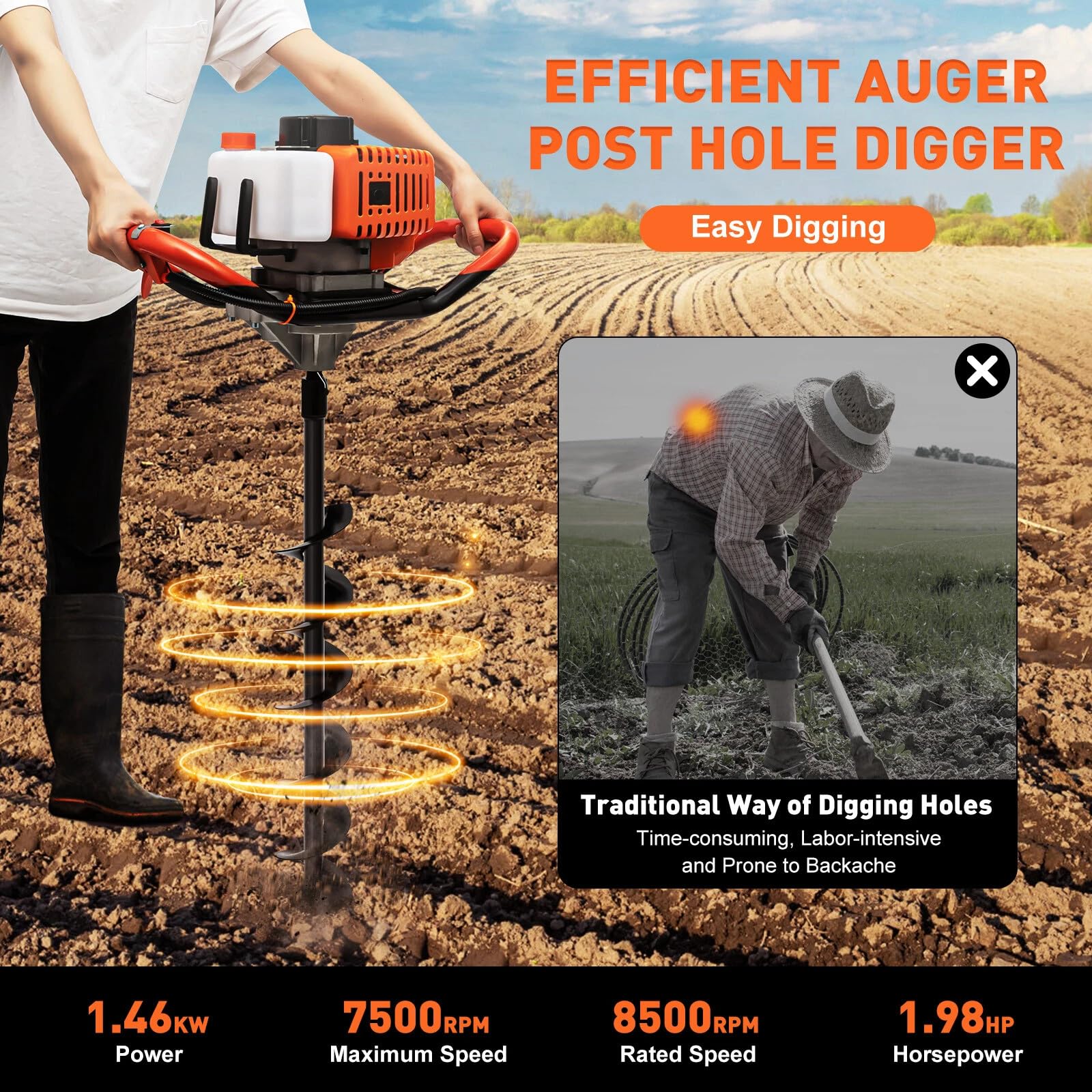 Wiertło do gleby benzynowej 52 cm³ 2,4 hp z 3 bitami wiertniczymi 4" 6" 8" + przedłużeniem 12", 7500 obr./min do otworów na ziemię, słupków ogrodzeniowych, gleb palowych (2,4, kola)