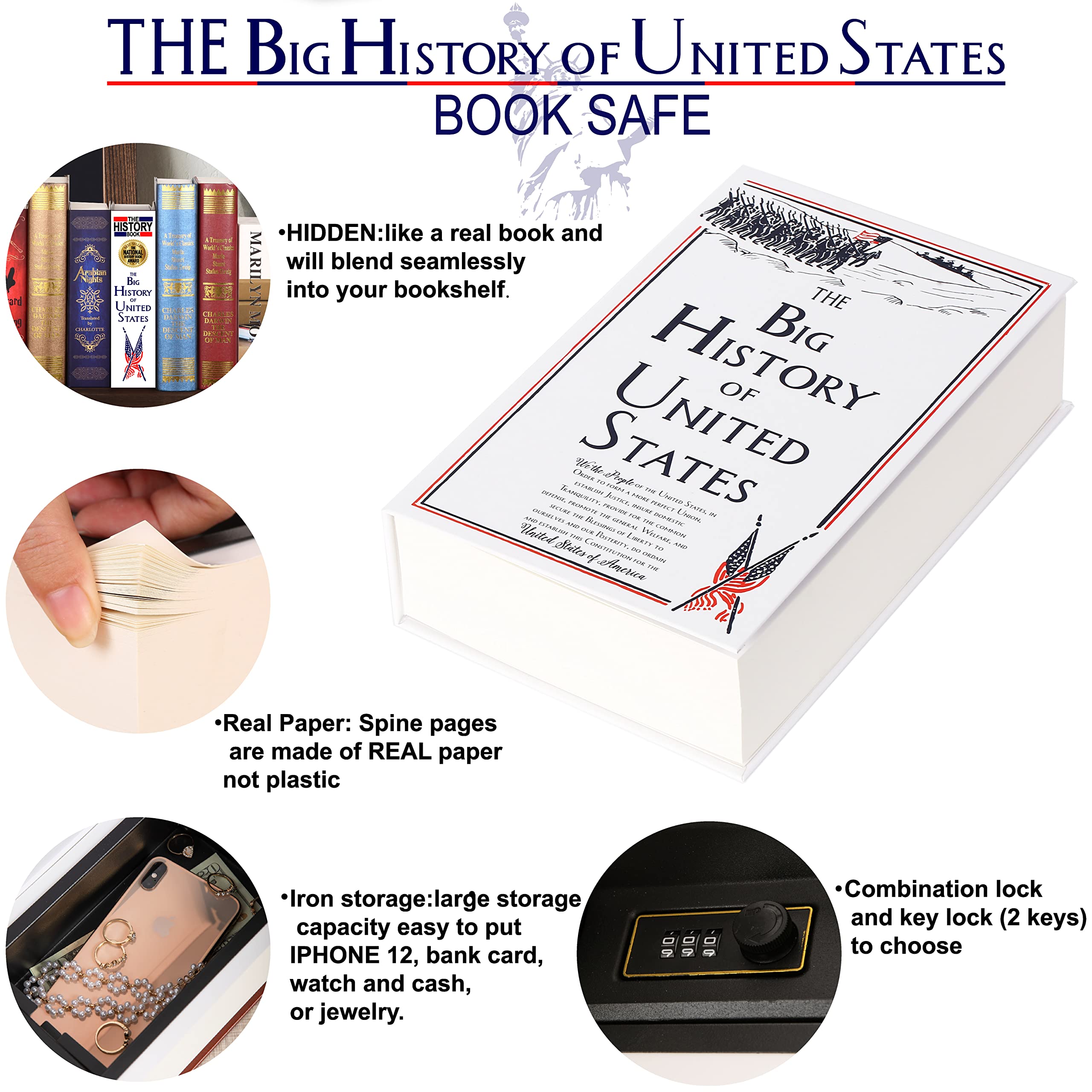 Grande storia Diversion Book Cassaforte con pagine reali,Combinazione Lock Box,Segreto nascosto sicuro con serratura a chiave,Cassetta di sicurezza portatile in metallo