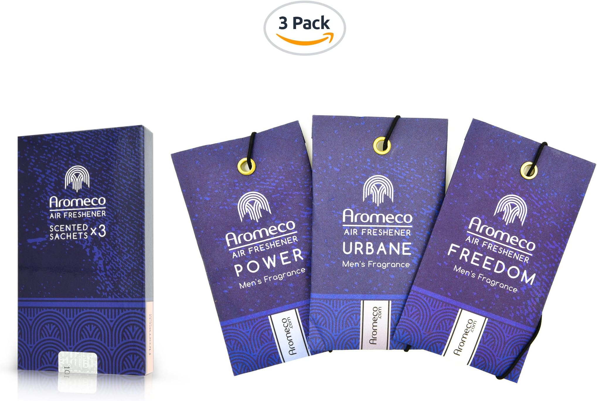 Aromeco Car Air Freshener - Wardrobe Freshener - Shoe Freshener - Toilet Freshener - Room Freshener - Scented Sachet - Men's Fragrance - Mixed, Pack of 3