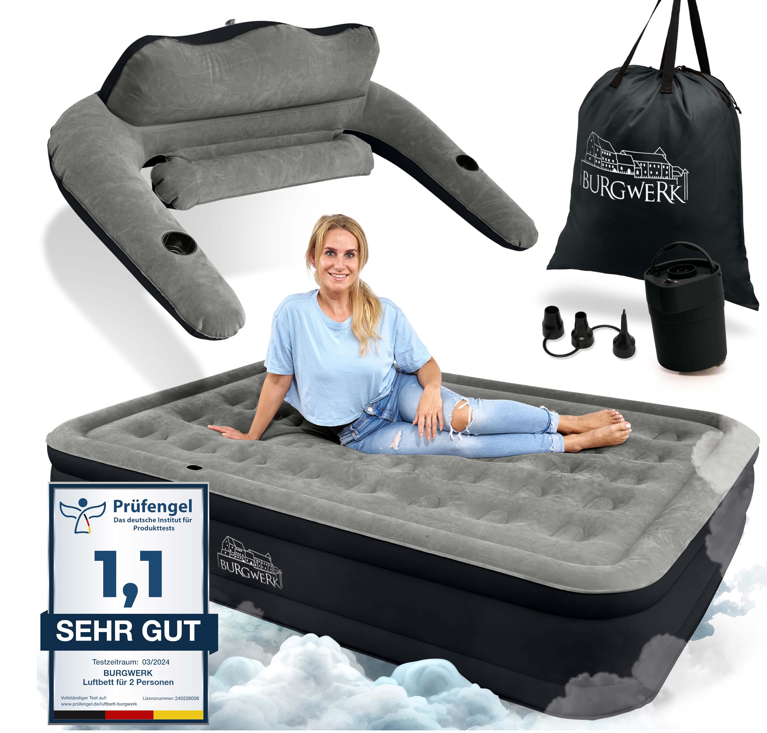 Burgwerk Premium Luftbett selbstaufblasend 2 Personen 203x152cm XL aufblasbare Matratze mit Pumpe