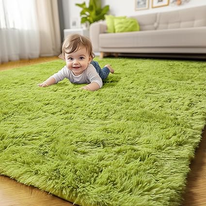Grass Green Area Rugs for Bedroom, Fluffy Shag Plush Rug 5x7 for Kids Room Living Room Baby Nursery Decor Aesthetic, Cute Fuzzy Floor Furry Cool Shaggy Fuzzy Moss Carpet for Dorm Classroom Playroom