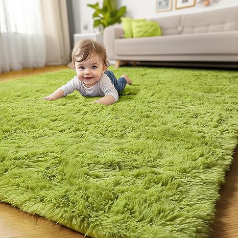 Grass Green Area Rugs for Bedroom, Fluffy Shag Plush Rug 5x7 for Kids Room Living Room Baby Nursery Decor Aesthetic, Cute Fuzzy Floor Furry Cool Shaggy Fuzzy Moss Carpet for Dorm Classroom Playroom