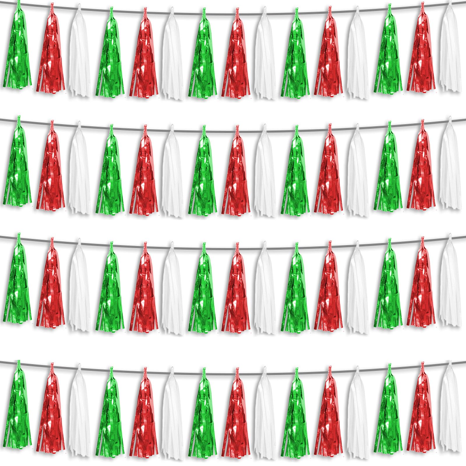 4P Red Green White Foil Fringe Metallic Tassel Streamers Banner Tassel Garland for Parade Floats, Graduation, Wedding, Birthday, Halloween, Christmas,
