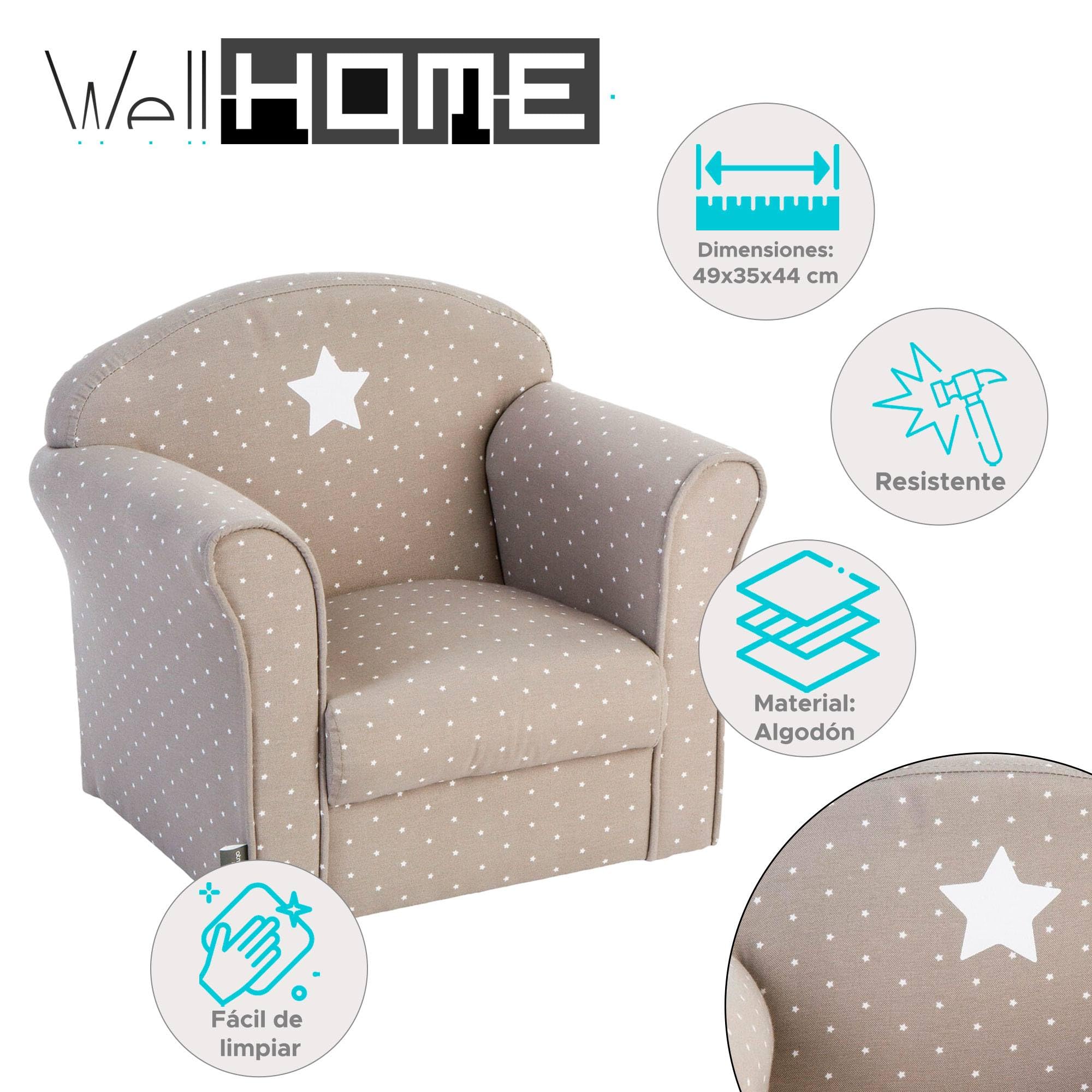 Sillón Infantil Classic Color Gris Topo con Estampado Decorativo, 49 x 35,2 x 44 cm