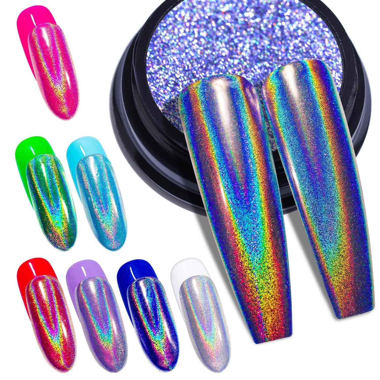 BISHENGYF Holographic Chrome Nail Powder, 1g Mirror Laser Effect Iridescent Holo Nail Chrome Powder