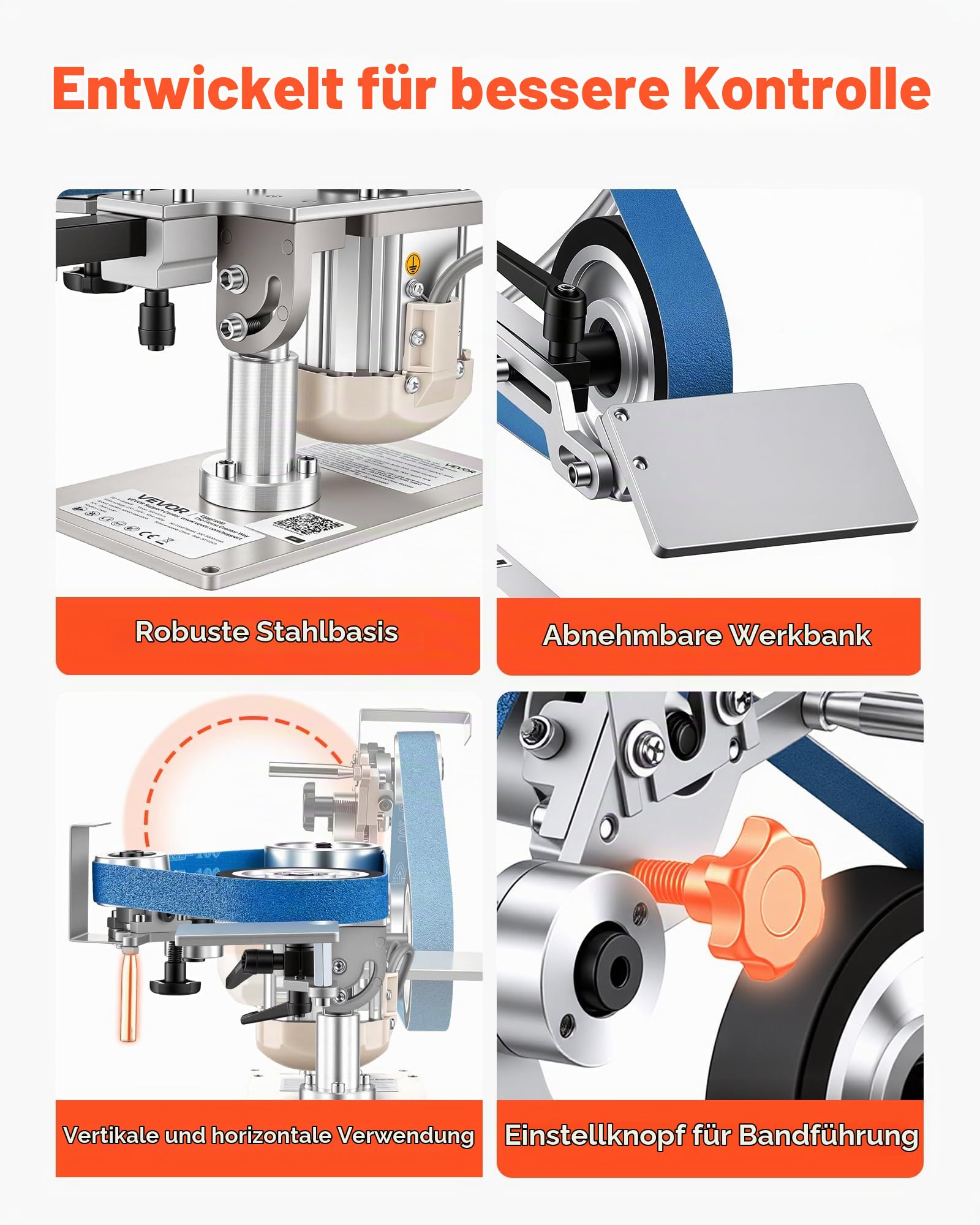 VEVOR Bandschleifmaschine 550 W, Bandschleifer mit 3 Stk. 762x25,4 mm Schleifbändern, 200-5000 U/min Verstellbarer Bandpolierer mit Dualmodi & Max. 21 m/s Bandgeschwindigkeit für Metallbearbeitung