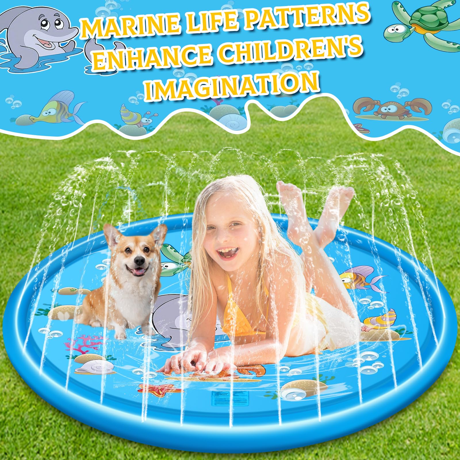 Tapis de Pulvérisation 170cm, Tapis de Jet d'eau Jouets pour Animaux de Compagnie, Tapis de Pulvérisation Antidérapant, Jet Fontaine Réglable, Jeu d'eau Exterieur Été Jardin Jouer