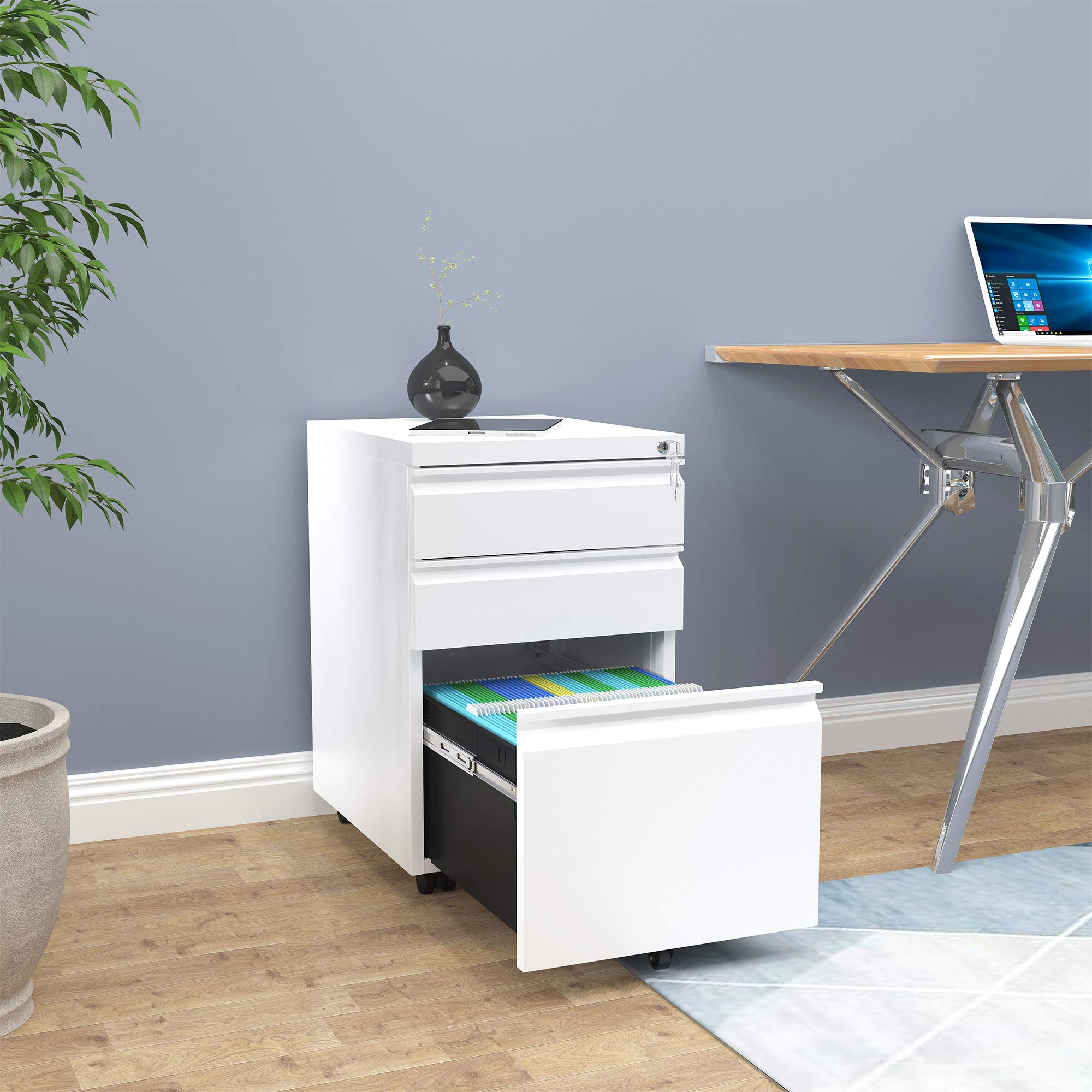 YITAHOME Armario Archivador Móvil, 3 Cajones Cajonera de Oficina con Ruedas, Metalico Mueble Oficina Archivador con Cerradura y Llave para Carta/A4, Blanco, 46 x 39 x 62cm