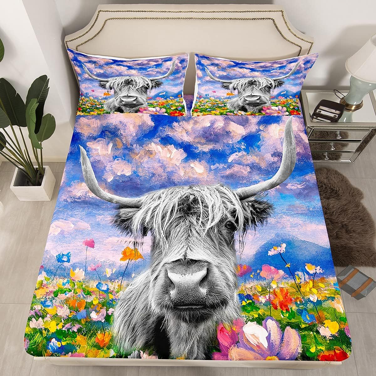 Highland - Juego de sábanas de vaca y funda de almohada de teñido anudado para niños, niñas, adolescentes, ganado de toro, flores coloridas, vida silvestre, retrato de animales de toro, tamaño doble