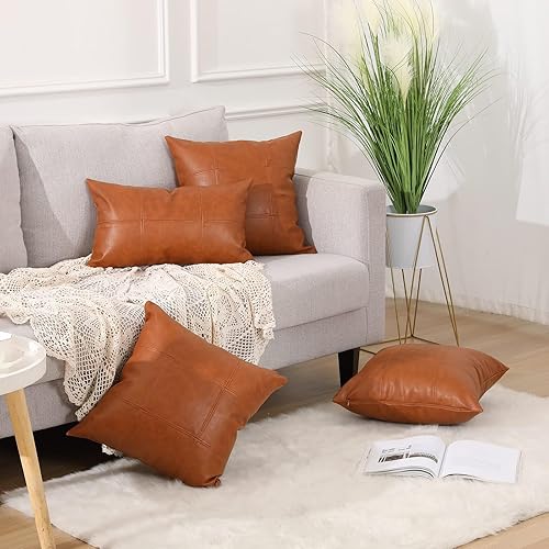 Miniatura 9 de MANDIOO Juego de 2 fundas de almohada clásicas de piel sintética a cuadros, cosidas a mano, modernas, de lujo, veganas, para exteriores, para sofá,