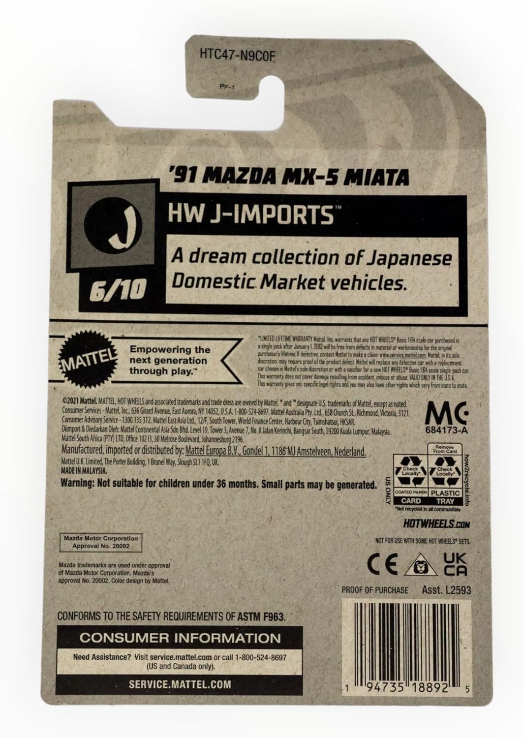 Matchbox Hot Wheels '91 Mazda MX 5 Miata, HW J Imports 6/10 [Black] 120/250, L2593