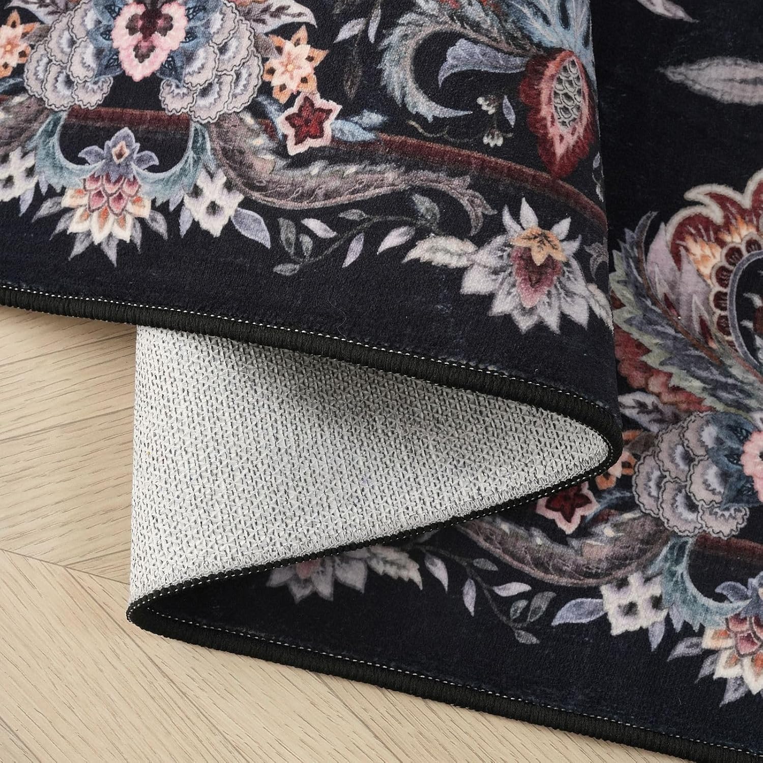 Rugcomf Vintage Paisley Kitchen Runner Rug 2'x6' - Machine Washable, Non-Slip Low Pile Floral Carpet for Laundry, Bedroom, Bathroom - Black - Image 5