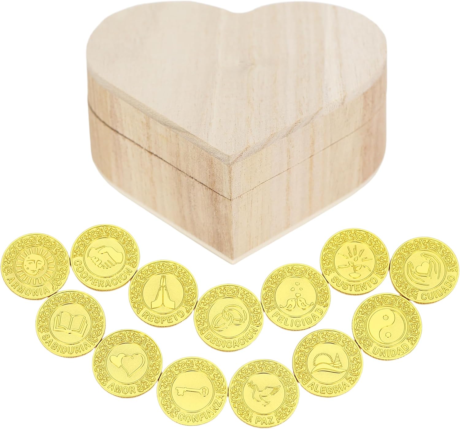 TINGKU Spanish Wedding Coins Arras de Boda Catolica Recuerdos Para Boda with Gold Coins Decoracion Para Bodas with Heart-shaped Wooden Box