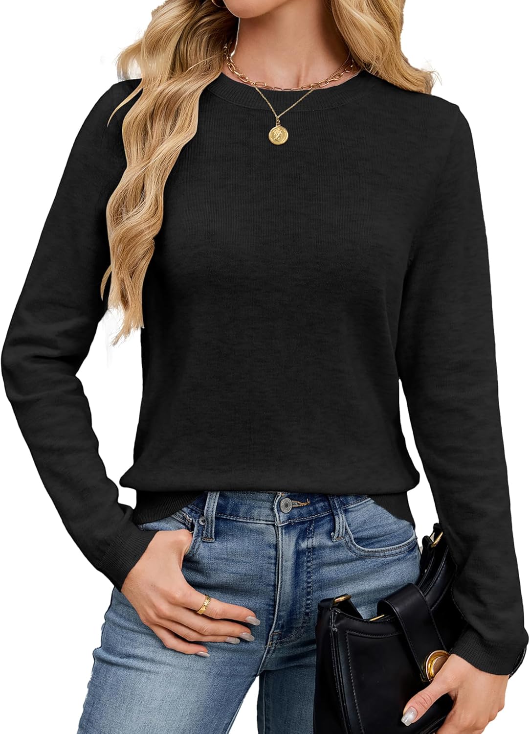 SunnyMelody Womens Long Sleeve Wool Blend Sweater Spring 2026 Business Casual Outfits Classic Crew Neck Work Top