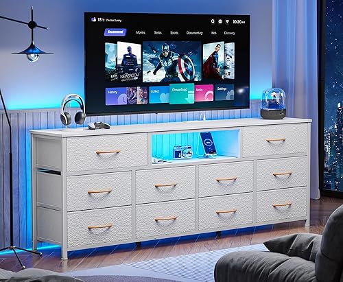 Miniatura 2 de Furnulem Cómoda de 63 pulgadas de largo para dormitorio, soporte de TV para TV de 65 a 75 pulgadas, cómoda blanca con 10 cajones de tela, cómoda