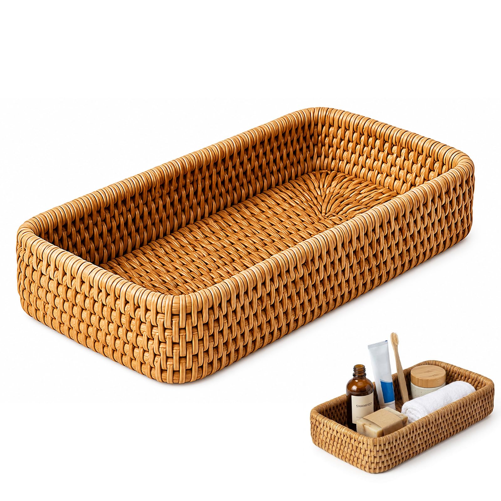 1Pcs Rattan Tray, Wicker Tray, Rattan Toilet Roll Basket, Small Woven Wicker Entryway Decorative Basket, Bathroom Storage Solution, Rectangular in Kitchen, Restaurant, Bar Rattan Storage Basket