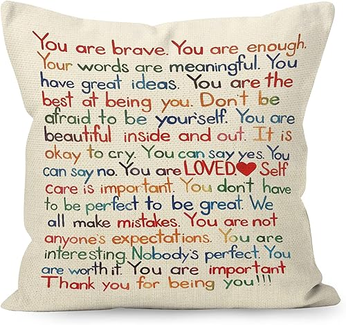 YUESHARE - Funda de almohada de lino con citas inspiradoras con texto en inglés "You Are Brave Enough Loved", regalos motivacionales para decoración