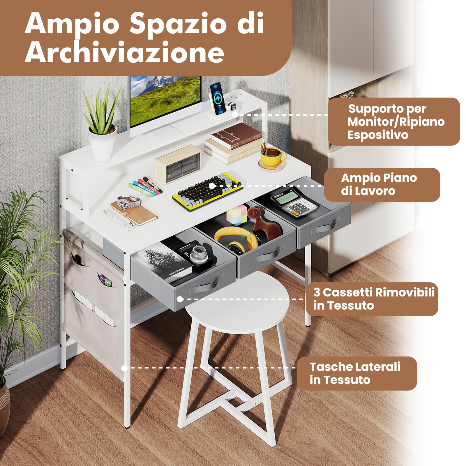 COSTWAY Scrivania per Computer con Supporto Monitor, Set Scrivania Salvaspazio con Sgabello, 3 Cassetti, Tasche Laterali, Stazione di Ricarica, Set Toeletta Trucco per Soggiorno Studio (Bianco)