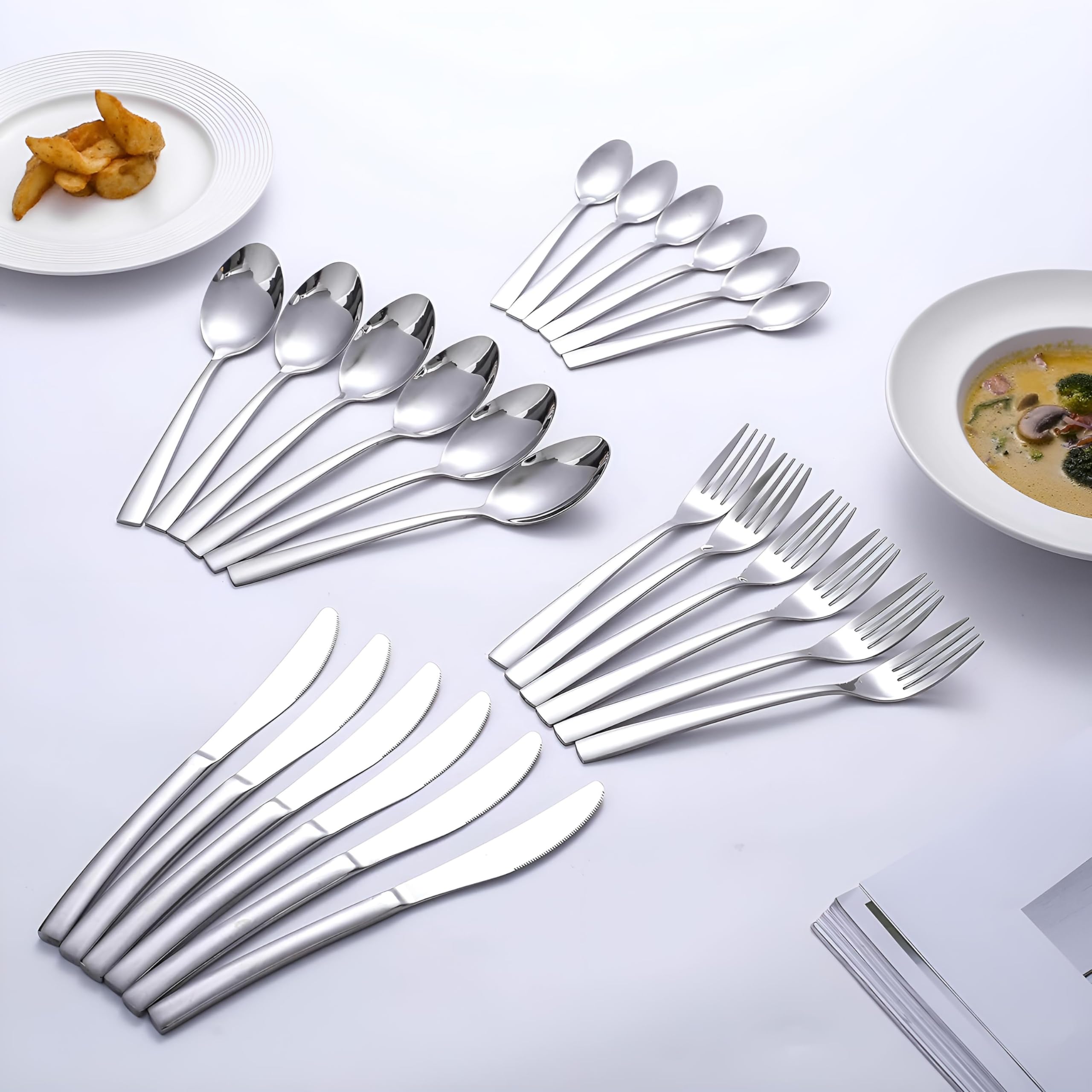 Couverts de Table,Ménagère de 24 Pièces pour 6 Personnes Acier Inoxydable,Ensemble de Couverts avec Couteau, Comprend Couteau, Fourchette, Cuillère, Cuillère à Café, Va Au Lave-Vaisselle