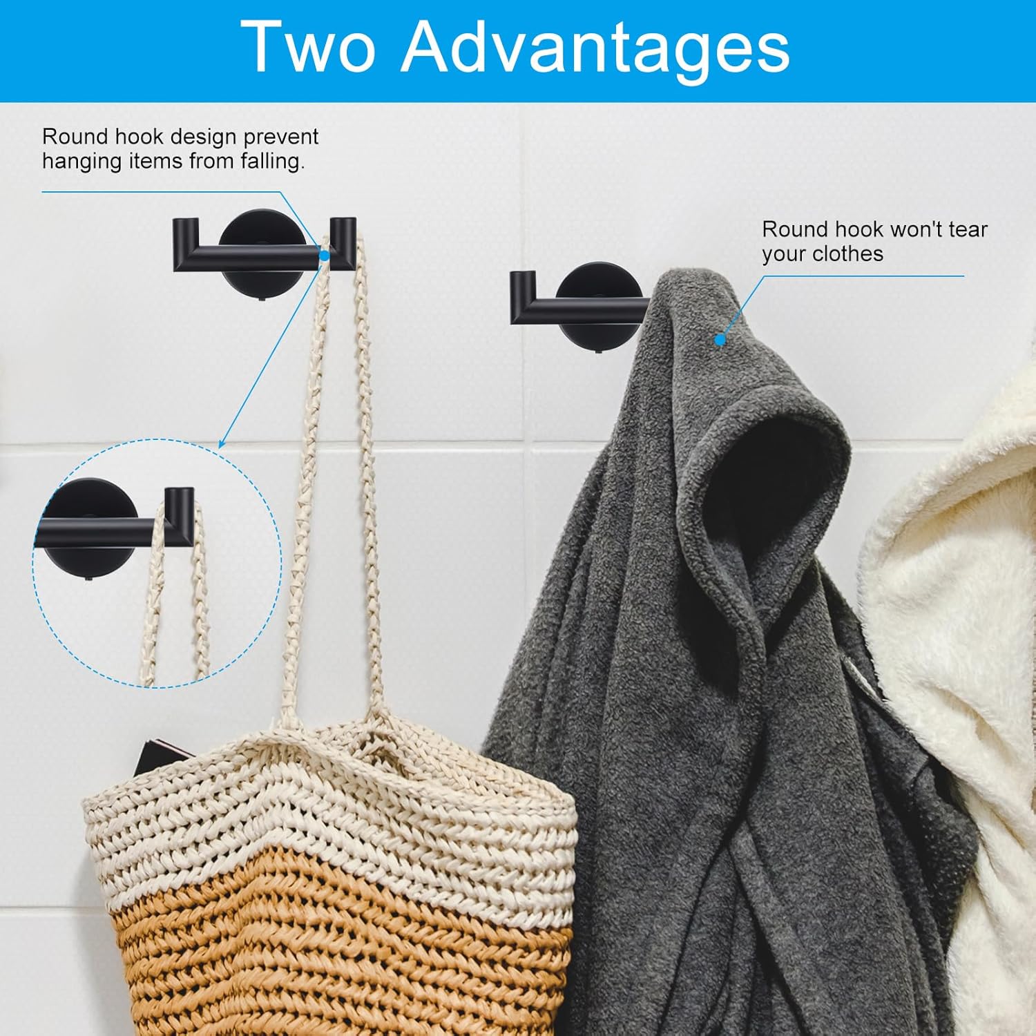 PATIKIL Double Towel Hook, 4Pack Stainless Steel Wall Mounted Hanger Round Towel Holder for Hanging Bathroom, Bedroom, Dormitory, Hang Towel, Clothes, Coat, Robe, Hat, Black