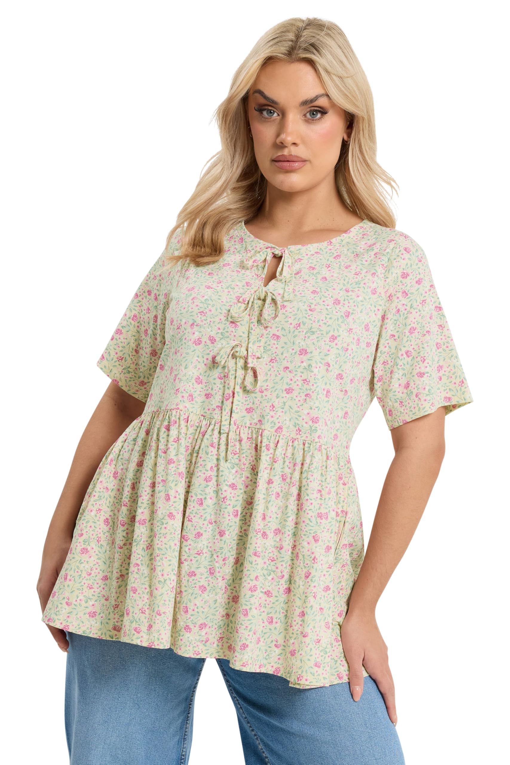 Yours Women's Pale Green Floral Bow Front Peplum Top In | : Size 20