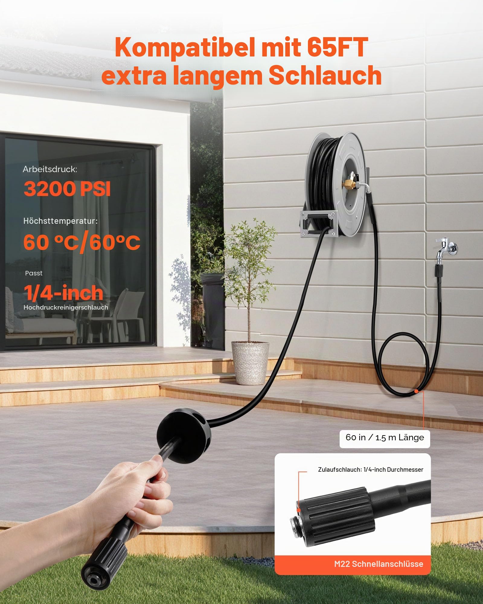 VEVOR Hochdruckreiniger-Schlauchtrommel, 19,8 m x 6,35 mm, Schlauchtaufroller aus Stahl, 220 bar max., automatisches Aufrollen, flexible Wand-/Bodenmontage für Autowäsche, Garten, Bodenreinigung