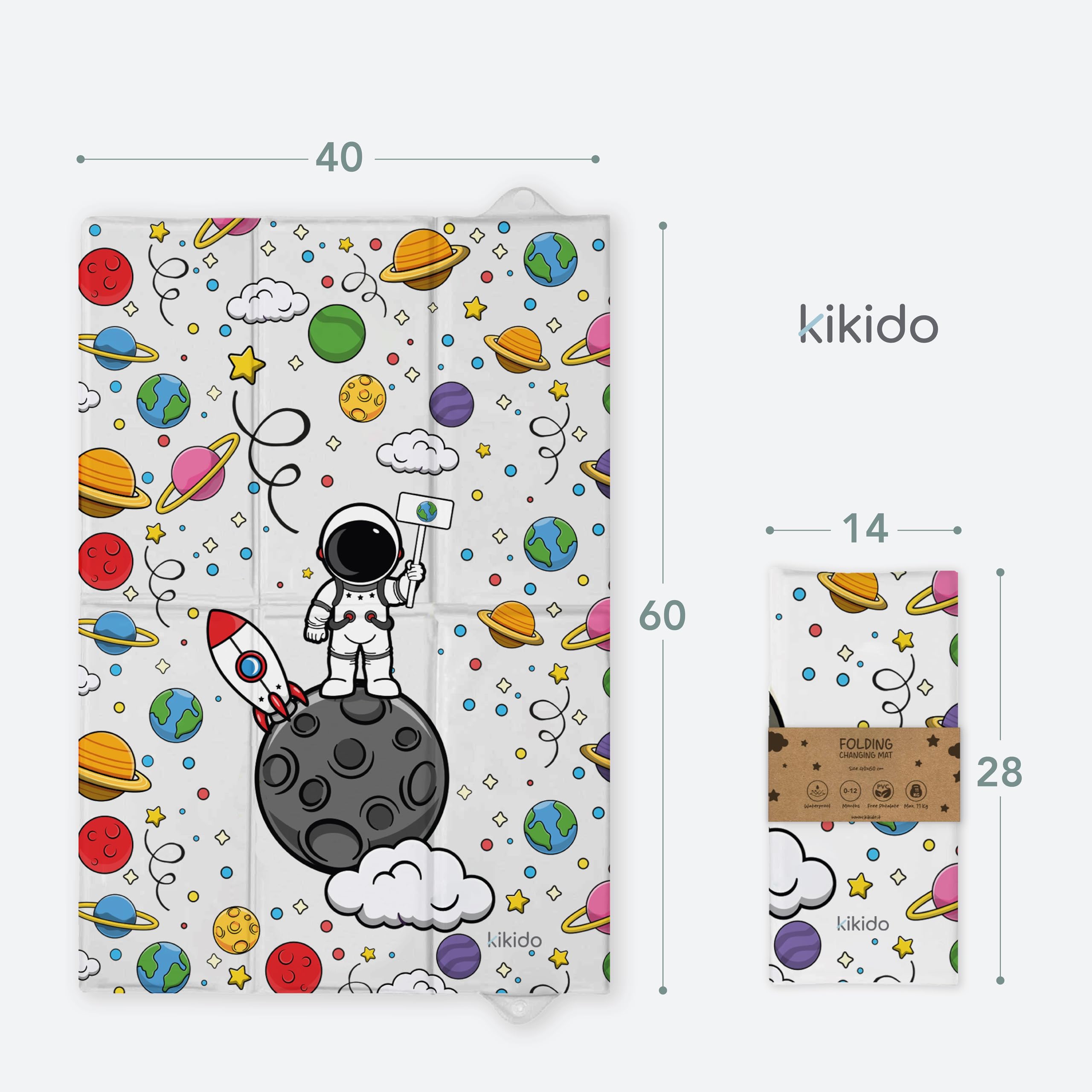 Kikido Materassino Fasciatoio Portatile Neonato 40x60 cm - Astronauta - Cuscino Fasciatoio Morbido, Pieghevole e Impermeabile 60x40 - Materassino Da Viaggio per Cambio Pannolino