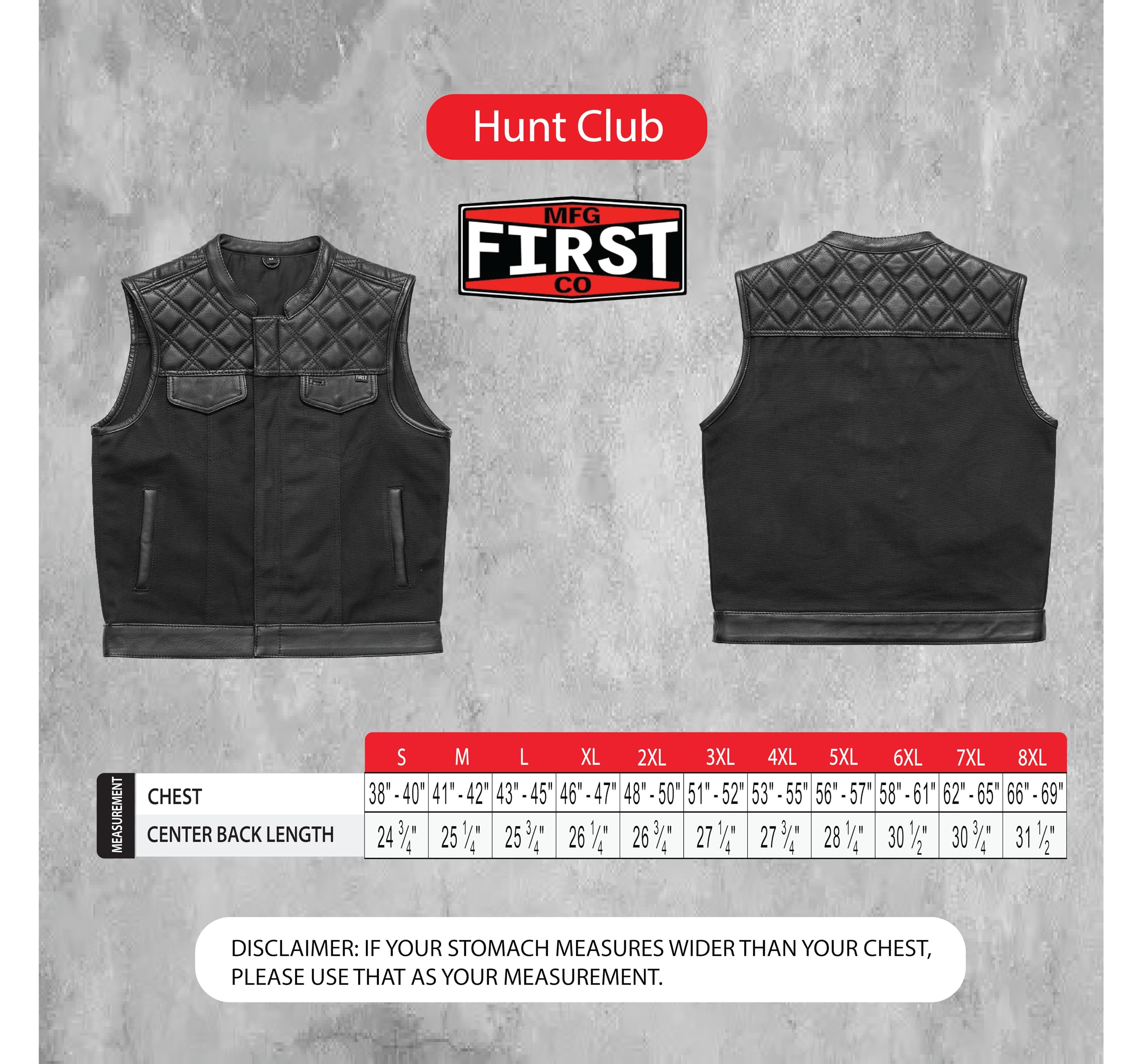 First Mfg Co - Hunt Club - Men's Motorcycle Biker Riding Black Green Leather Canvas Vest - Extra Large - Conceal Carry Pockets