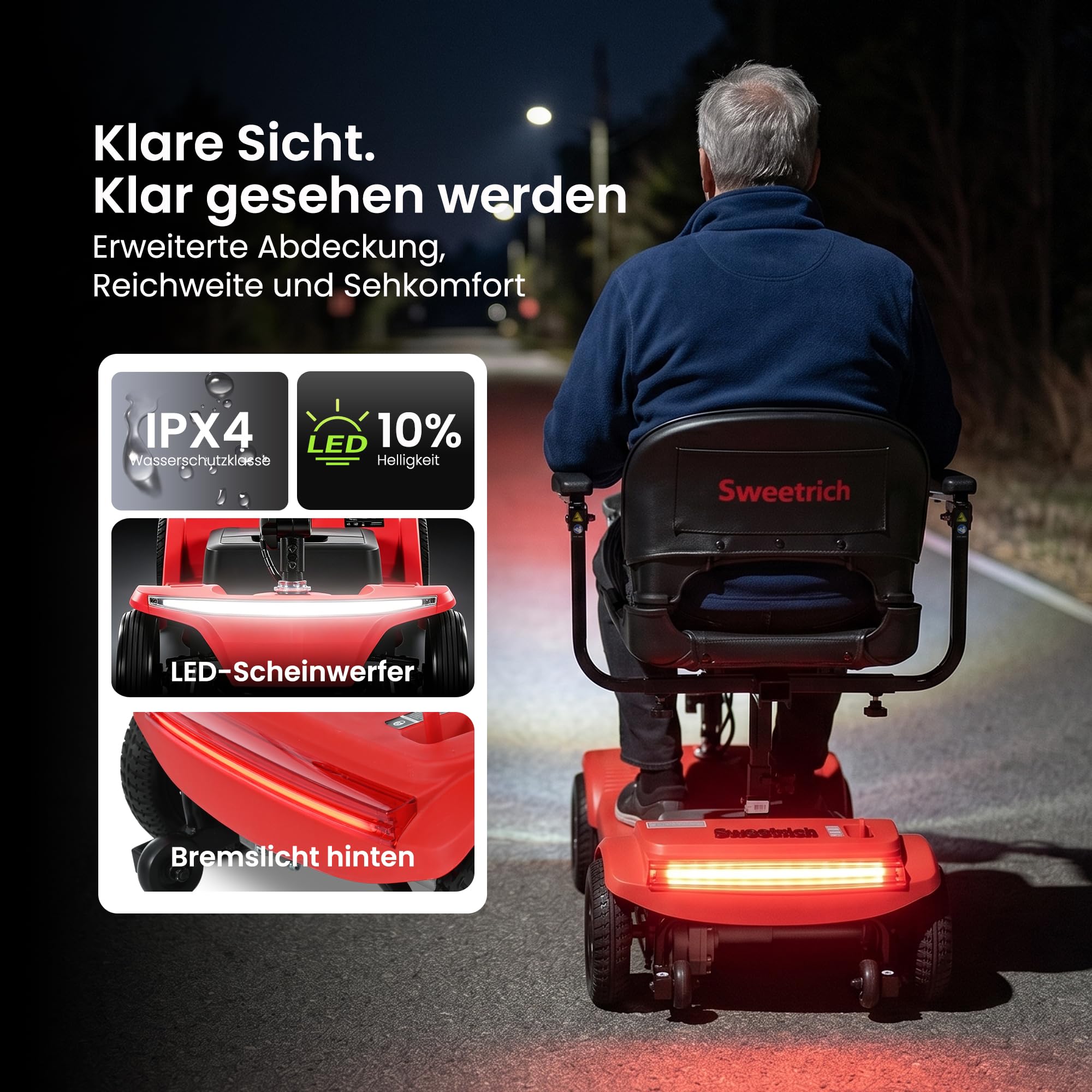Elektromobil​ Seniorenmobil​– rollstuhl elektrisch faltbar, 4 Räder Faltbare 15 KM-20KM Reichweite, LED-Sicherheitsbeleuchtung,USB Port,Bis 136 KG Belastung,elektroroller mit sitz Rot
