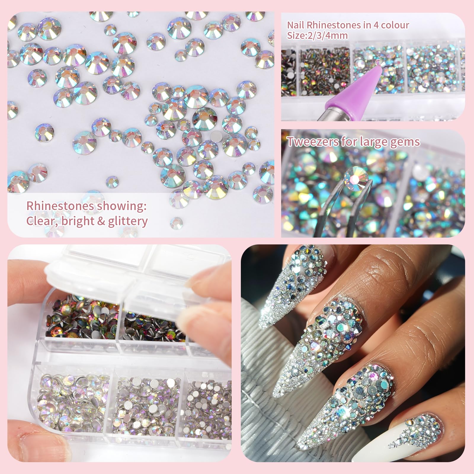 Canvalite 8000PCS Crystal AB Nail Art Rhinestones with Pick Up Tweezers & Dotting Pen, Flat Back Nail Gems for Nails Clothes - Image 4