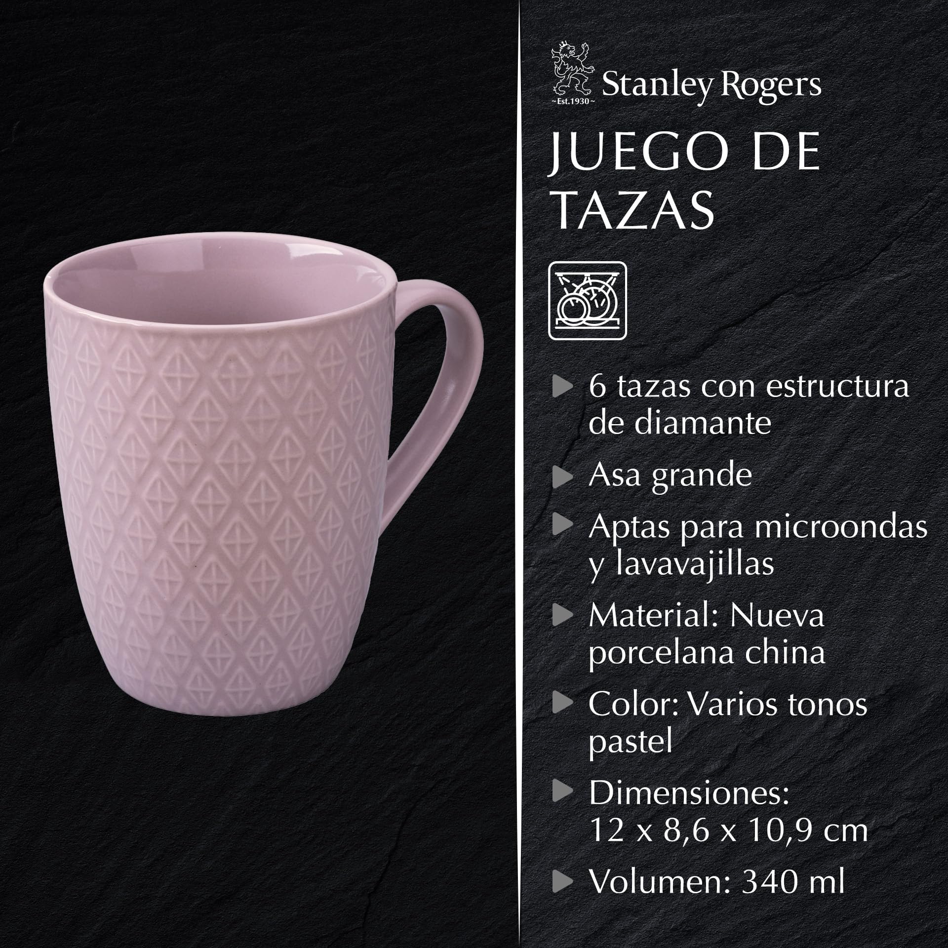 Stanley Rogers Juego de 6 tazas - Tazas de café con un moderno diseño de rombos - Material New Bone de alta calidad en colores pastel - Perfectas para café, té o cacao - 340 ml de volumen