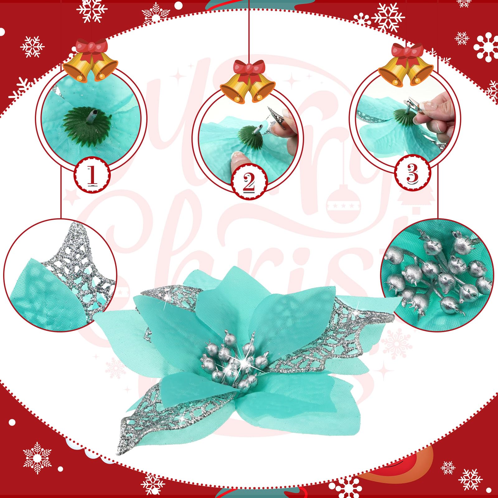 Boao 24 Pieces Christmas Artificial Glitter Poinsettia Flowers Xmas Flowers Wedding Christmas Tree New Year Ornaments(Blue Green) - Image 3