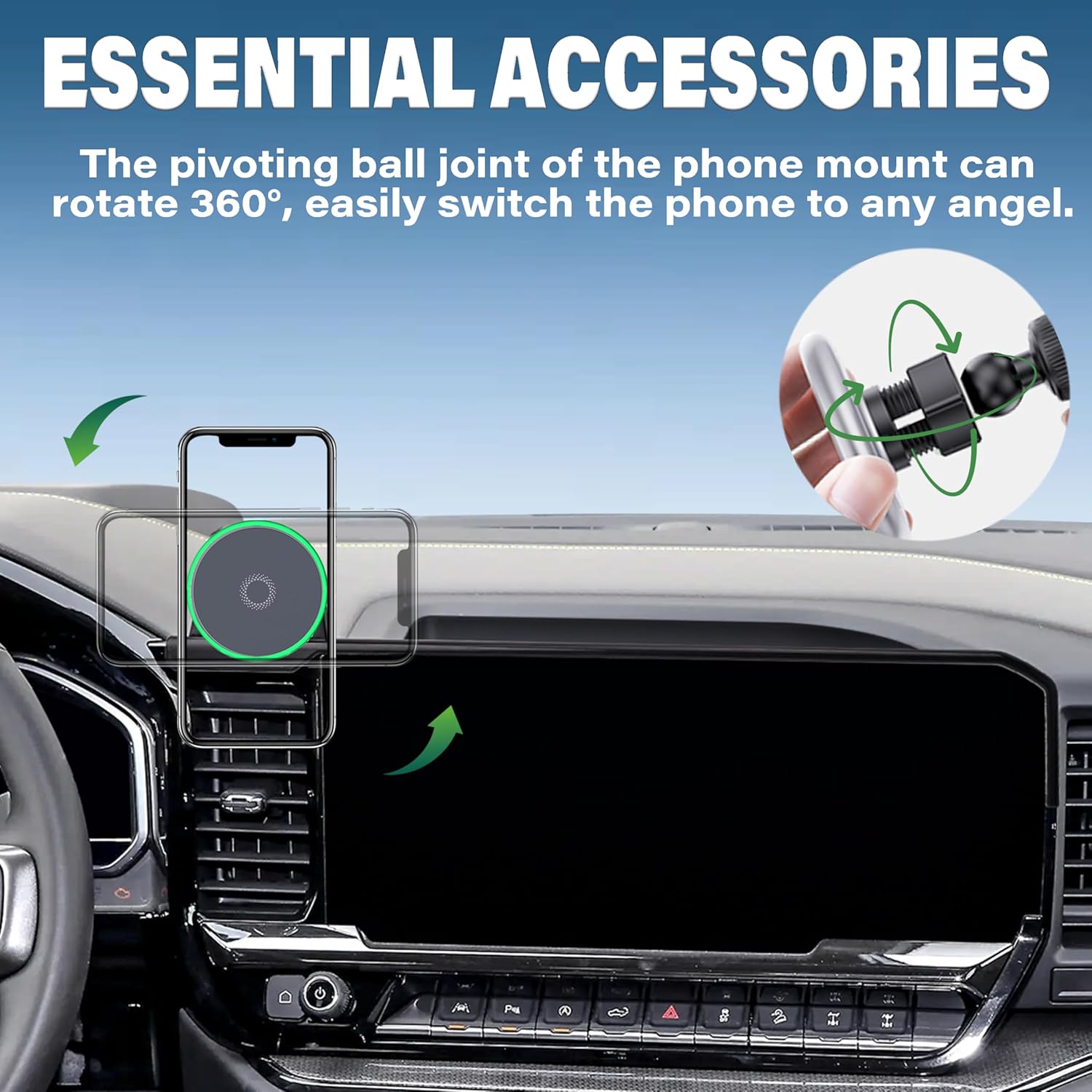 Car Phone Holder for 2022-2025 Chevrolet Silverado 1500/2500/3500 Accessories 15W Fast Wireless Charger Screen Fixed Clip Cell Phone Mount Hands-Free 360 Degree Rotation (13.4 Inch)
