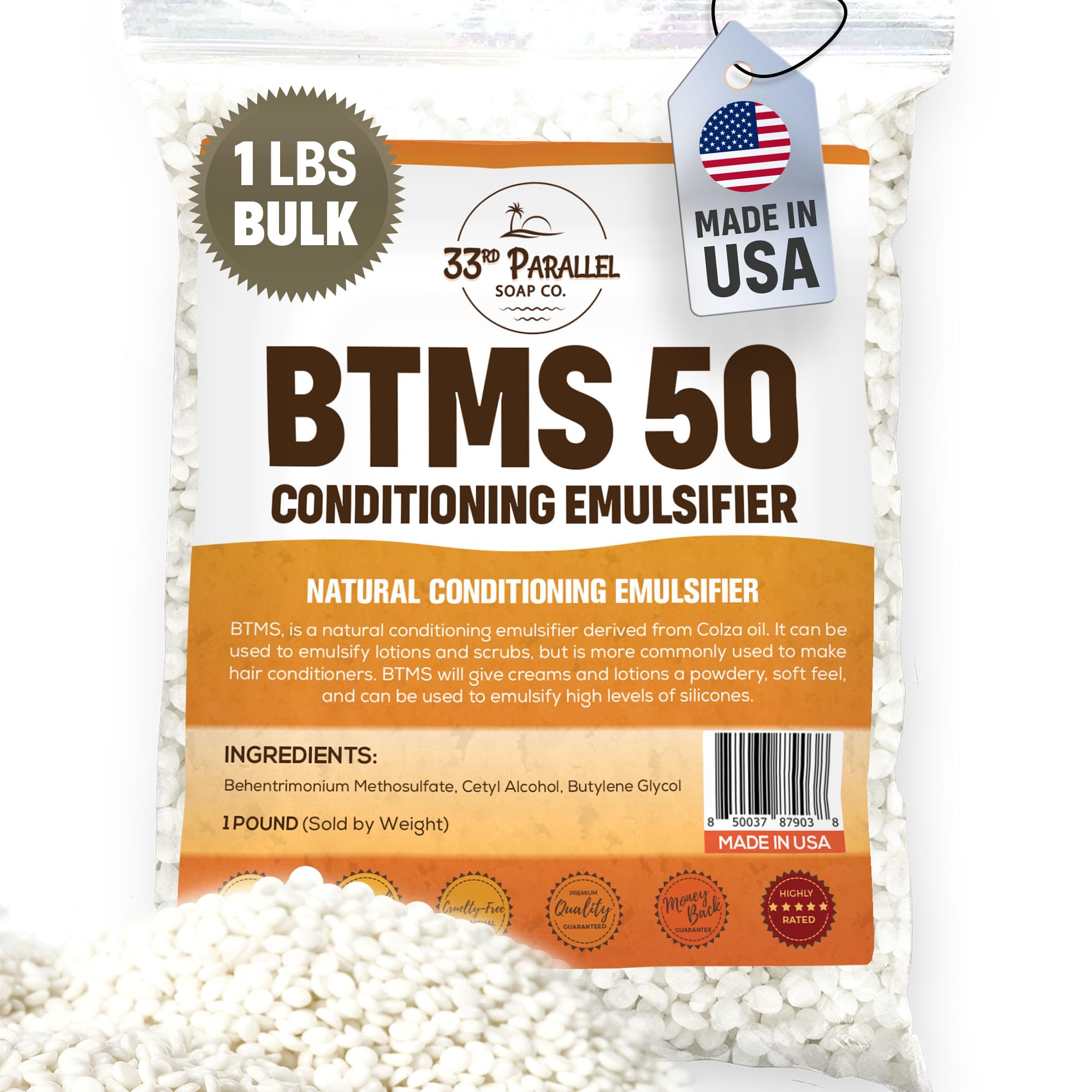 BTMS 50 (1 LBS / 16 Oz) Conditioning Emulsifier | 100% Natural Plant Derived | Behentrimonium Methosulfate Cetearyl Alcohol Emulsifying Conditioner | Product of USA (1 POUND)