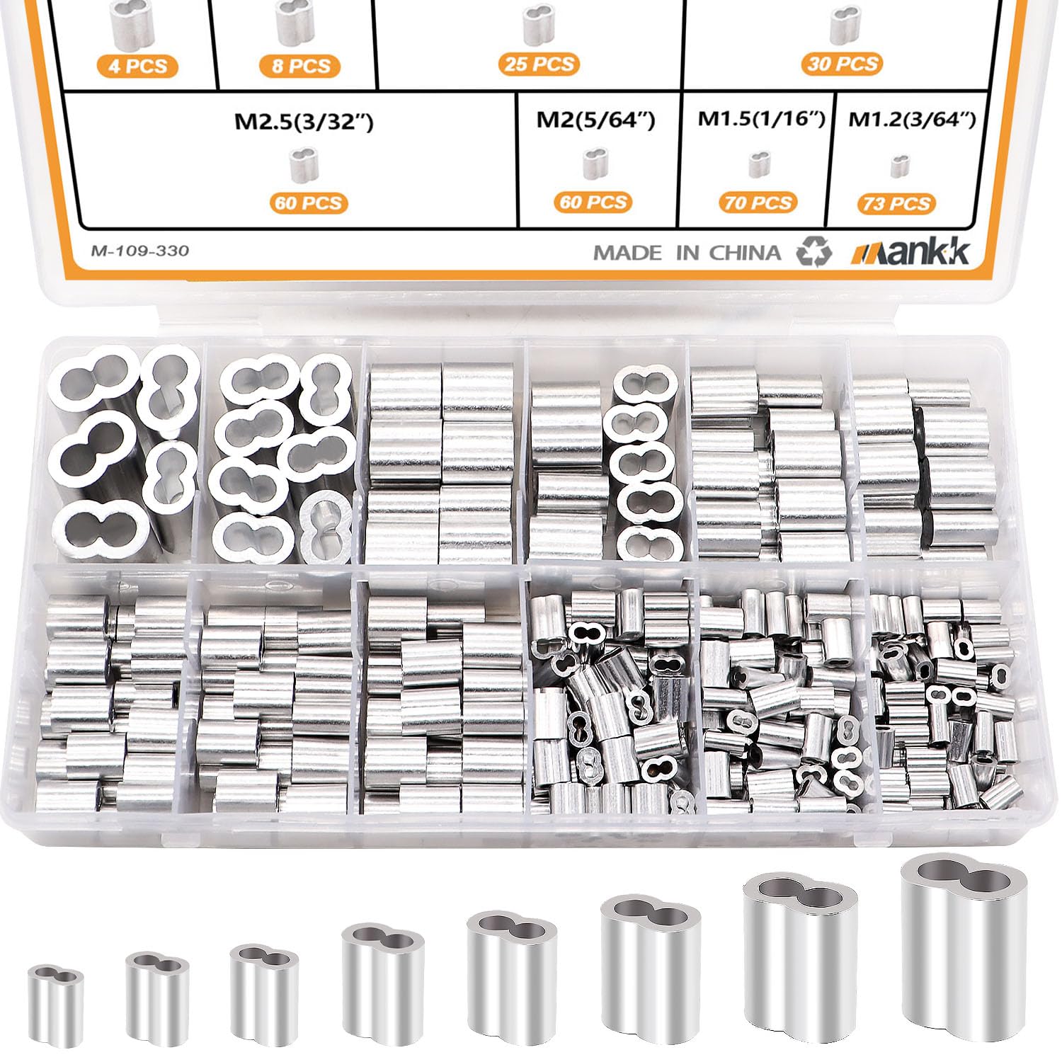 mankk 330Pcs Aluminum Crimping Loop Sleeve 8 Sizes (3/64'' 1/16'' 5/64'' 3/32'' 1/8'' 5/32'' 3/16'' 1/4'') Wire Rope Sleeves Double Cable Ferrules Kit